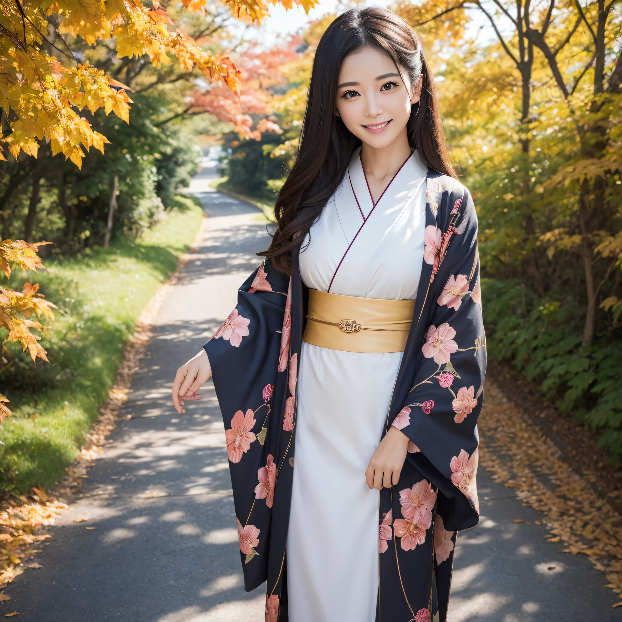 (Super beautiful woman in kimono)、((best qualtiy、8k masterpieces:1.3))、foco nítido:1.2、(ultra beautiful faces:1.0)、(shinny skin:1.0)、photos realistic、A dark-haired、Video Lighting、High-definition eyes and face、Video Lighting、Japanese actressl、from the front side、medium breasts、With a happy smile、wearing kimonos、Under the autumn leaves、