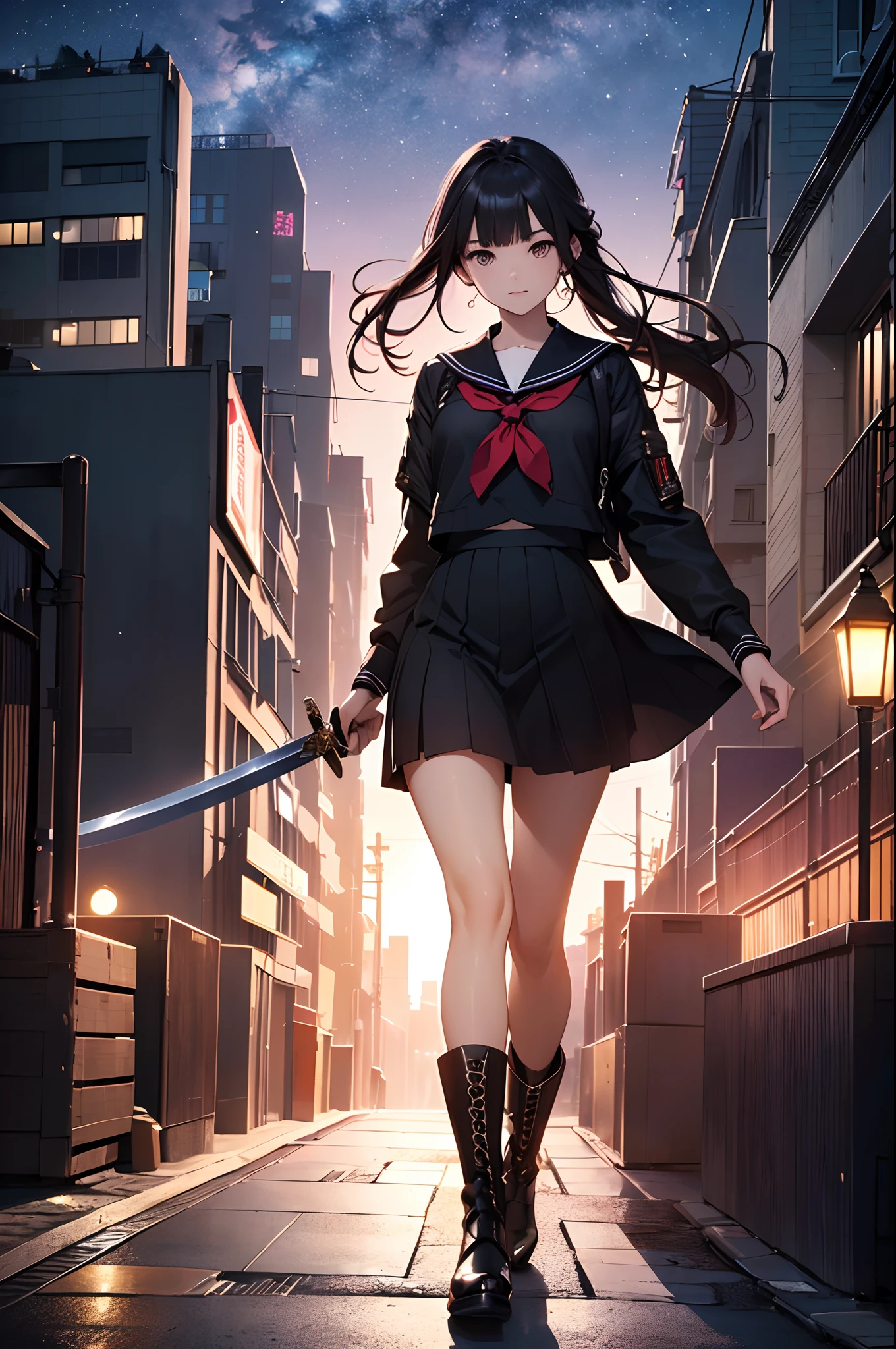 (Official art、Best Quality、Unity 8k Wallpapers、32K、masterpiece、ultra-detailliert、超A high resolution、realisitic、Photorealsitic:1.2)、(Cinematic lighting:1.2)、Fireglow effect、film grains、Best Shadows、Rim lighting、side lights、sideshot、(Ultra-detailed and complex 3D rendering)、Detailed beautiful face and eyes、Sharp pupils、Realistic pupils、A slender、1Man Woman、Medium bust、(Full body:1.2)、 Highly detailed background、beauitful face、16-year-old beautiful girl、(super detailed skin、detailed skin textures:1.3)、Black hair、Blunt bangs、Brown-eyed、a sailor suit、pleatedskirt、Black stockings、(thighs thighs thighs thighs:0.8)、Black boots、(Tokyo at night、On the roof of a building:1.4)、(carrying a big sword:1.3)、(Looking away、overlooking a city:1.3)、farewell