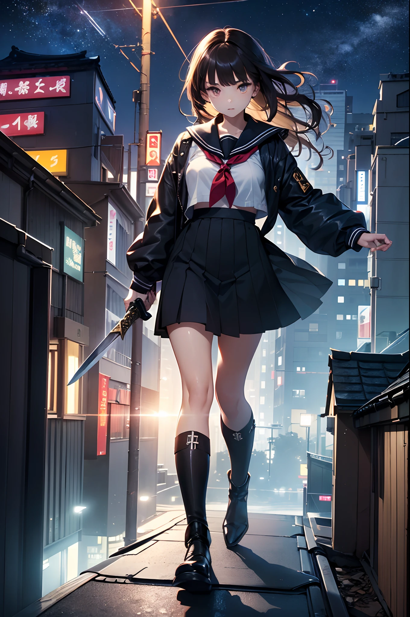 (Official art、Best Quality、Unity 8k Wallpapers、32K、masterpiece、ultra-detailliert、超A high resolution、realisitic、Photorealsitic:1.2)、(Cinematic lighting:1.2)、Fireglow effect、film grains、Best Shadows、Rim lighting、side lights、sideshot、(Ultra-detailed and complex 3D rendering)、Detailed beautiful face and eyes、Sharp pupils、Realistic pupils、A slender、1Man Woman、Medium bust、(Full body:1.2)、 Highly detailed background、beauitful face、-yeld beiful girl、(super detailed skin、detailed skin textures:1.3)、Black hair、Blunt bangs、Brown-eyed、a sailor suit、pleatedskirt、Black stockings、(thighs thighs thighs thighs:0.8)、Black boots、(Tokyo at night、On the roof of a building:1.4)、(carrying a big sword:1.3)、(Looking away、overlooking a city:1.3)、farewell