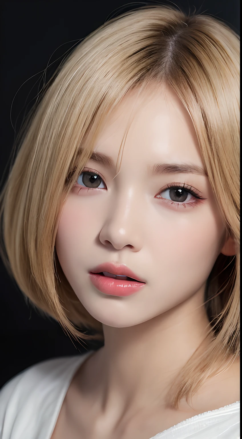 ((best quality)), ((ultra res)), ((photorealistic)), (intricate details), 19 years old, blonde hair, perfect face, make up:1.5, light on face, face detail, NAKED, short hair,