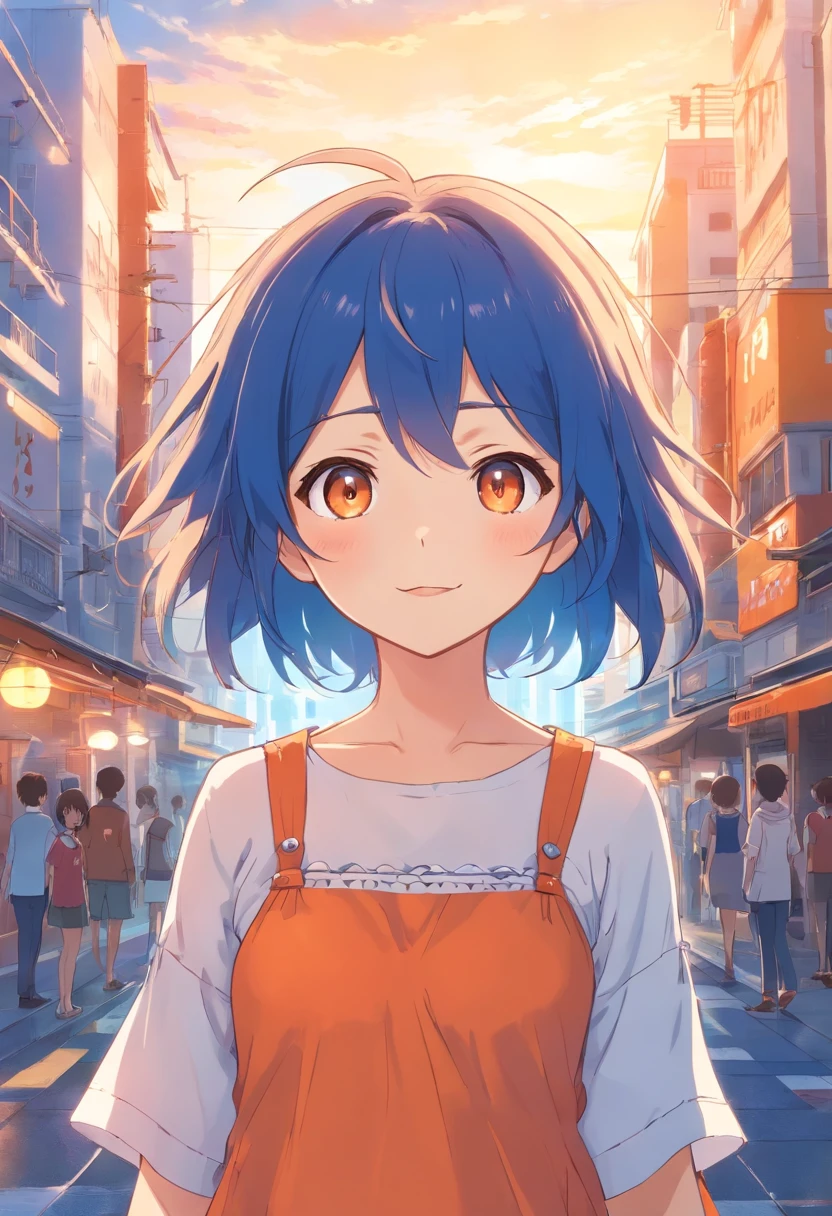 menina anime, Bruxa AZUL, cabelos brancos, olhos alaranjados, foco em seus olhos, menina anime sorriso, blue baby dress, Vestido Lolita, anel de prata. cabelos brancos, Cabelo branco, longo Cabelo branco. peitos grandes. uma menina anime. Orange eyes, grandes peitos. Elegante. blue skies, vista pro mar.