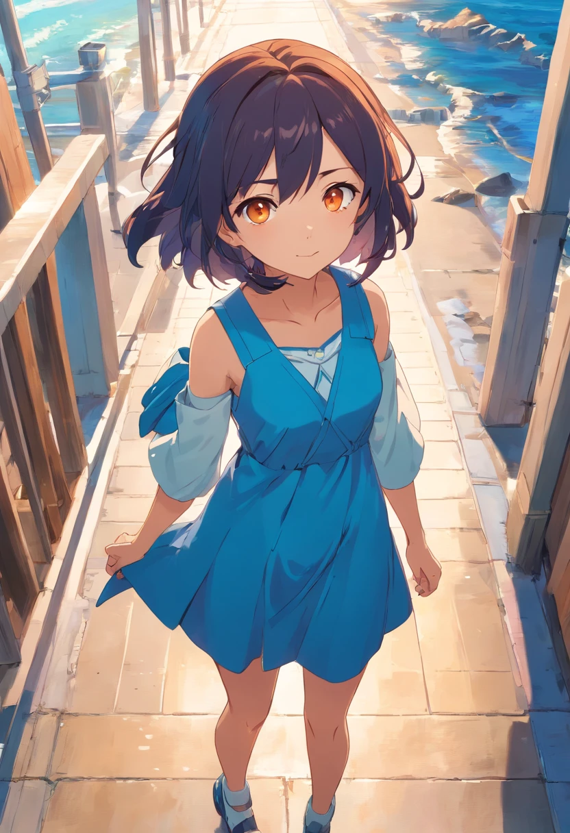 anime, Bruxa AZUL, cabelos brancos, olhos alaranjados, foco em seus olhos, menina sorriso, blue baby dress, Vestido Lolita, anelprata. cabelos brancos, Cabelo branco, longo Cabelo branco. peitos grandes. uma menina anime. Oryes, grandes peitos. Elegante. blue skies, vista pro mar.