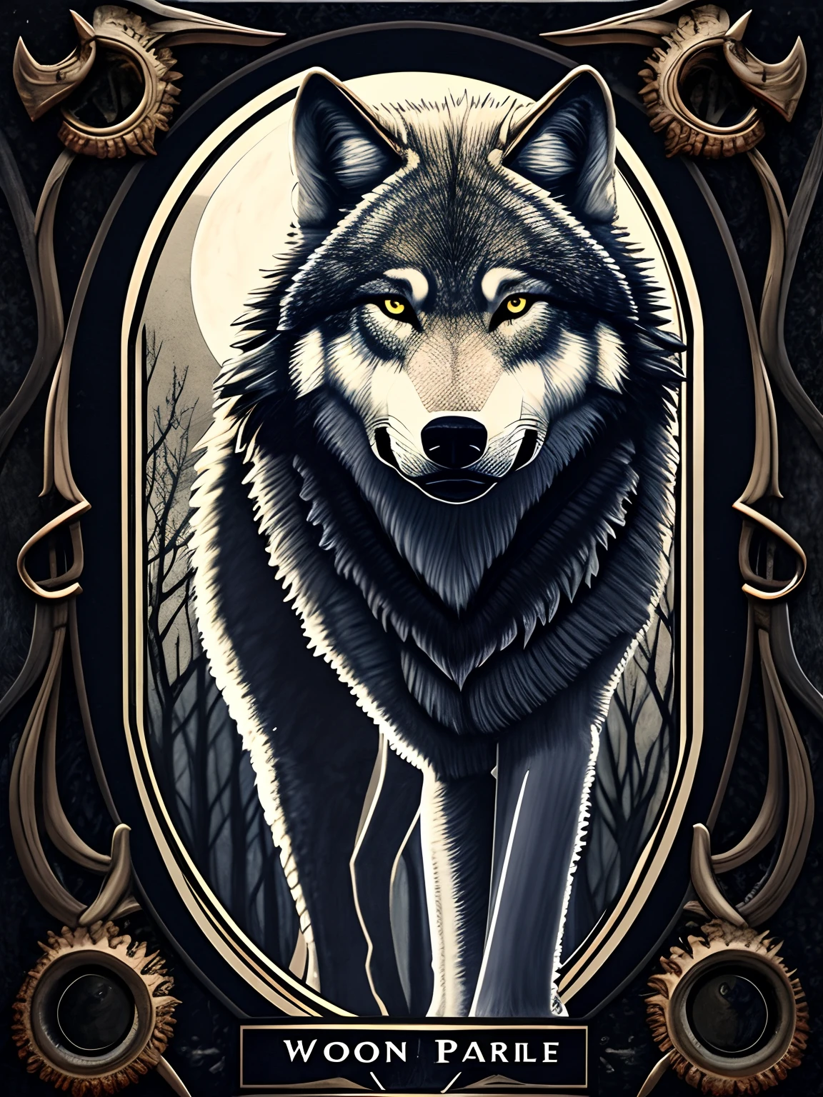 (highres,realistic:1.2),detailed growling wolf,tarot card style,wolf with arrows in back,exquisite illustration,dark and mysterious color palette,strong contrast,moonlit forest background,ominous atmosphere,glowing eyes,ancient symbols,meticulous rendering,haunting and captivating image,impressive details,depth and texture,foreboding presence