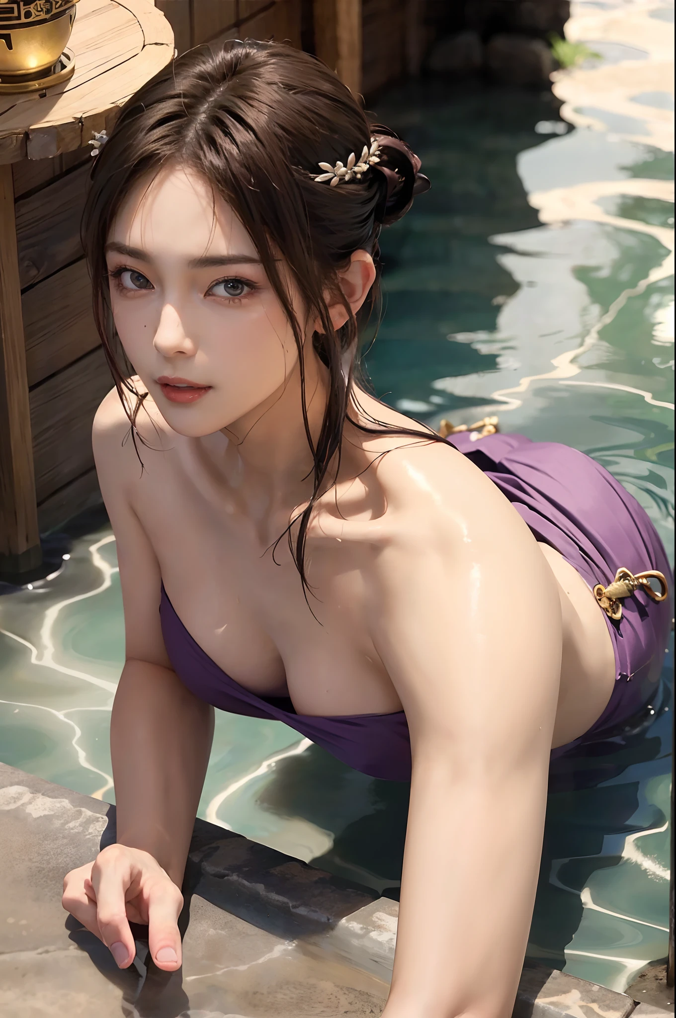 ((top-quality、8K、masterpiece:1.3)), (shorth hair, Beautiful hairstyle, ◯◯Color hair:1.5)、(outdoor bath:1.2), (Soak in the hot springs), Clear, Fine-grained skin、Beautiful clear eyes、cleavage of the breast、((Seductive look))、(thin-waist:1.3)、(Dynamic and seductive poses:1.5), ((NSFW:1.6)),, fullnude, Wearing sweat, (Kamimei), all-fours:1.3