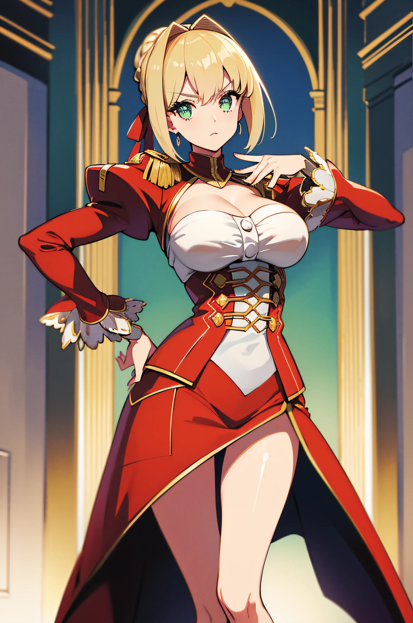 masterpiece, best quality,1girl, blonde hair, green eyes,large breasts, Default, NeroOriginalOutfit,head wreath, standing, smile,open mouth, crossedarms, rome, colosseum, rose petals, cowboy shot,sunlight