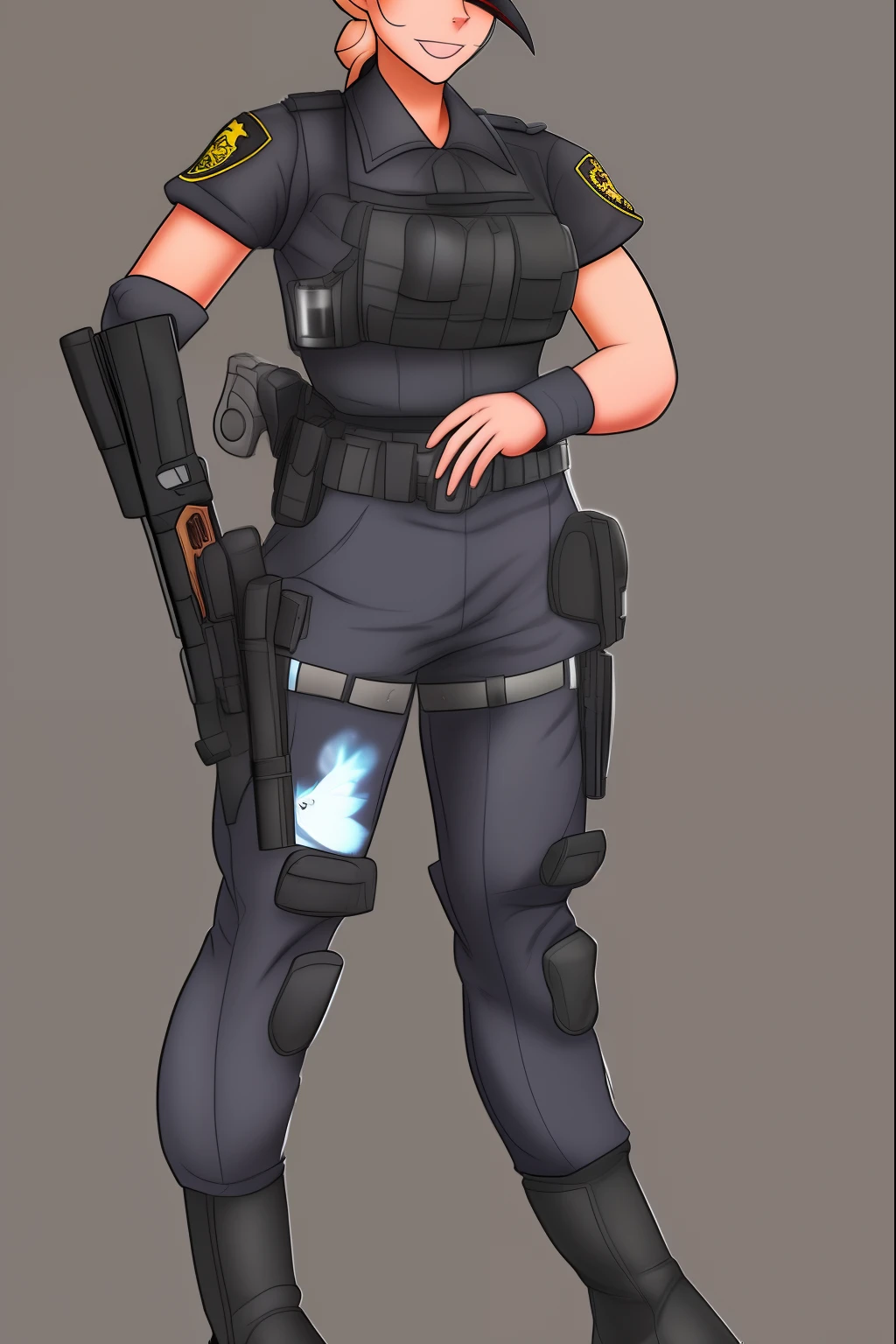 a cartoon of a cat in a uniform with a gun, outfit: PMC, fullbody commission for, character design, full uniform, (sfw) safe for work, fursona commission, in black uniform, security agent, commission for high res, full body!, oc commission, character design police man