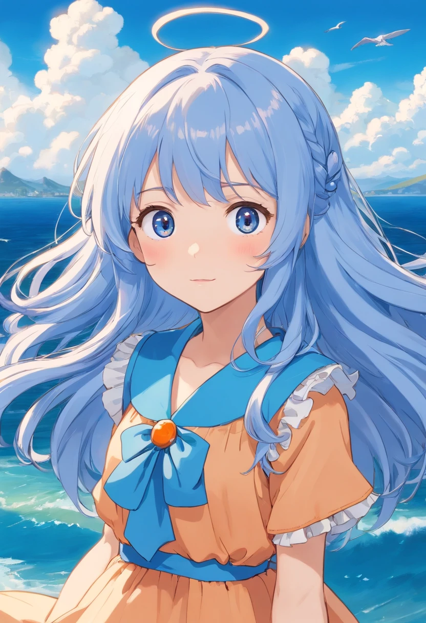 menina anime, cabelos brancos, olhos alaranjados, foco em seus olhos, menina anime sorriso, blue dress, Vestido Lolita, anel de prata. cabelos brancos, Cabelo branco, longo Cabelo branco. peitos grandes. uma menina anime. Orange eyes, grandes peitos. Elegante. blue skies, vista pro mar.