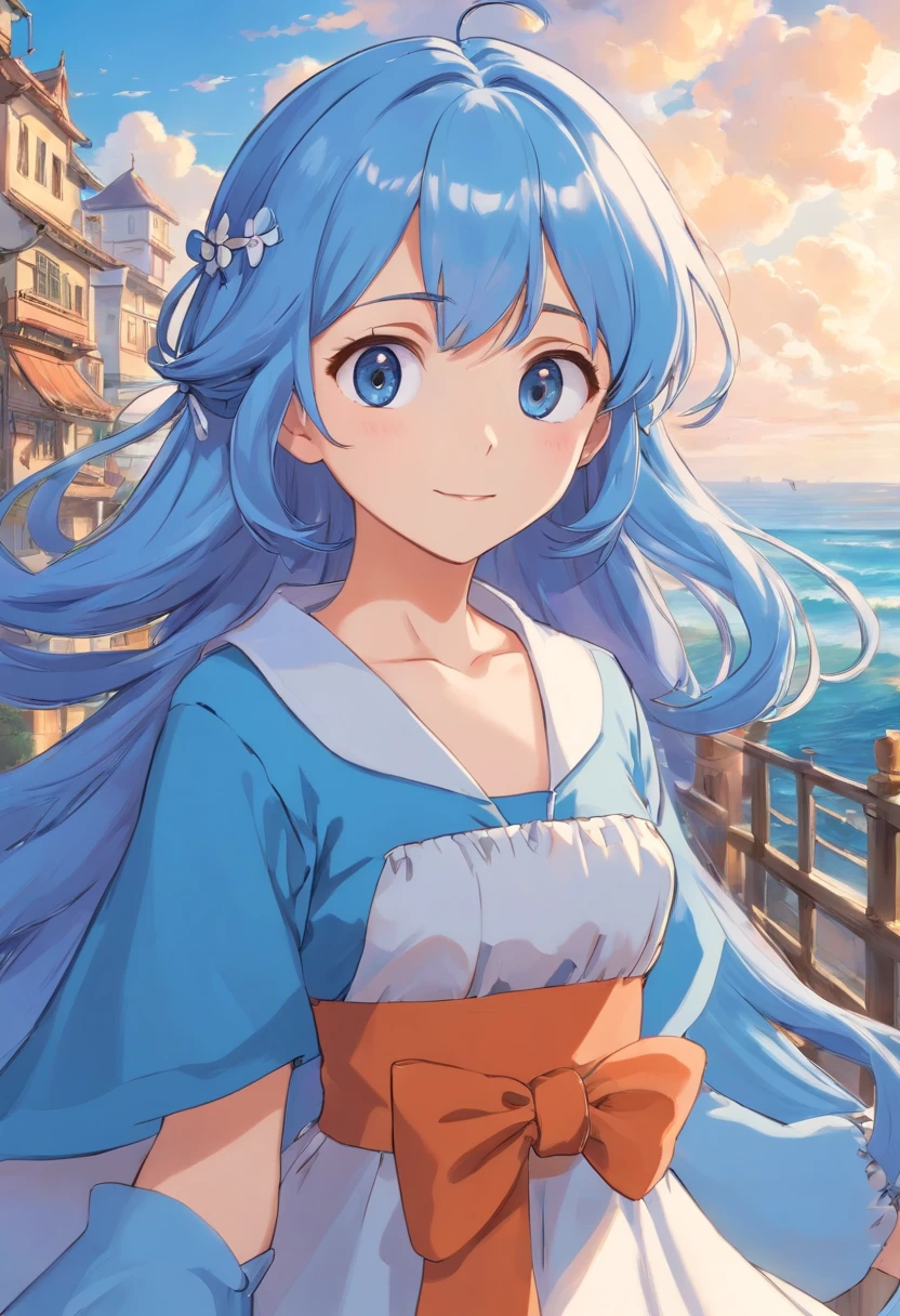 menina anime, cabelos brancos, olhos alaranjados, foco em seus olhos, menina anime sorriso, blue baby dress, Vestido Lolita, anel de prata. cabelos brancos, Cabelo branco, longo Cabelo branco. peitos grandes. uma menina anime. Orange eyes, grandes peitos. Elegante. blue skies, vista pro mar.