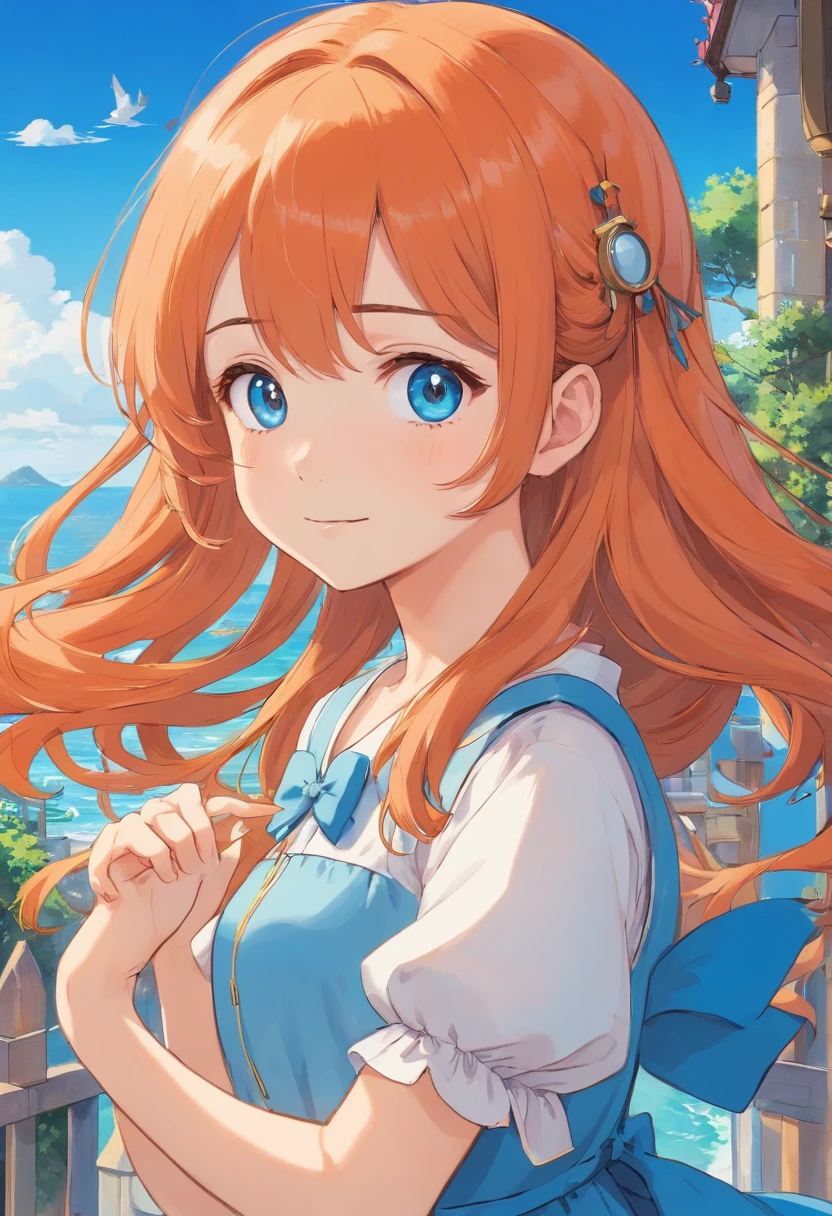 menina anime, cabelos brancos, olhos alaranjados, foco em seus olhos, menina anime sorriso, blue baby dress, Vestido Lolita, anel de prata. cabelos brancos, Cabelo branco, longo Cabelo branco. peitos grandes. uma menina anime. Orange eyes, grandes peitos. Elegante. blue skies, vista pro mar.