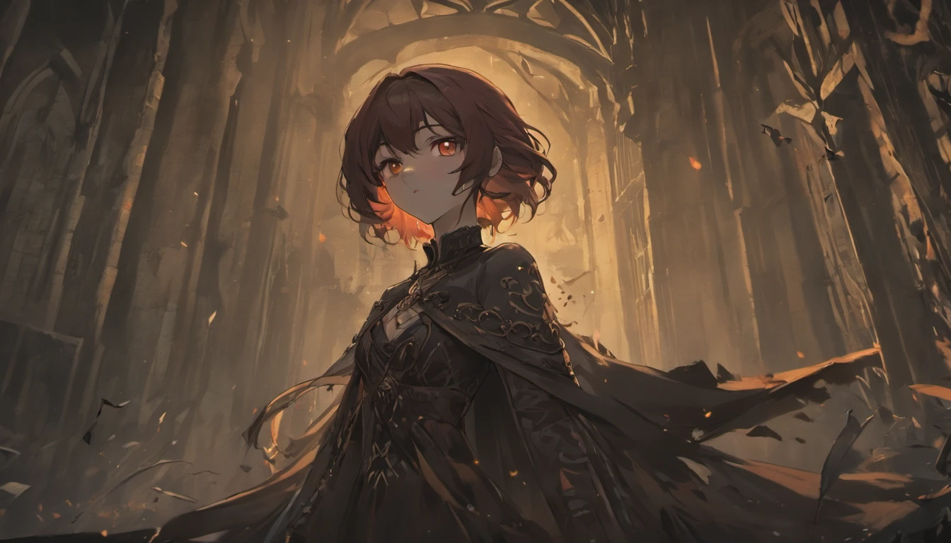 (best quality,4k,8k,highres,masterpiece:1.2),ultra-detailed,(realistic,photorealistic,photo-realistic:1.37),dark brown skinned female vampire,biting the neck of her victim,front of a dark gothic castle,ominous atmosphere,dramatic lighting,haunting shadows,crimson red curtains,bloody fangs,glistening drops of blood,dark flowing hair,seductively dressed,golden vampire eyes,pale moonlight illuminating the scene,intense emotions,desperate struggle,victim's terrified expression,subtle hints of supernatural powers,ancient stone walls,ravens perched on dark trees,thick mist swirling around the castle,ethereal beauty,evoking a sense of danger and allure,horror,gothic,portrait,expressionism,vivid colors,saturated tones,dramatic contrast,decaying leaves covering the ground,silent stillness,nighttime,secrets hidden in the darkness,quiet elegance,fierce and captivating,foreboding ambiance.