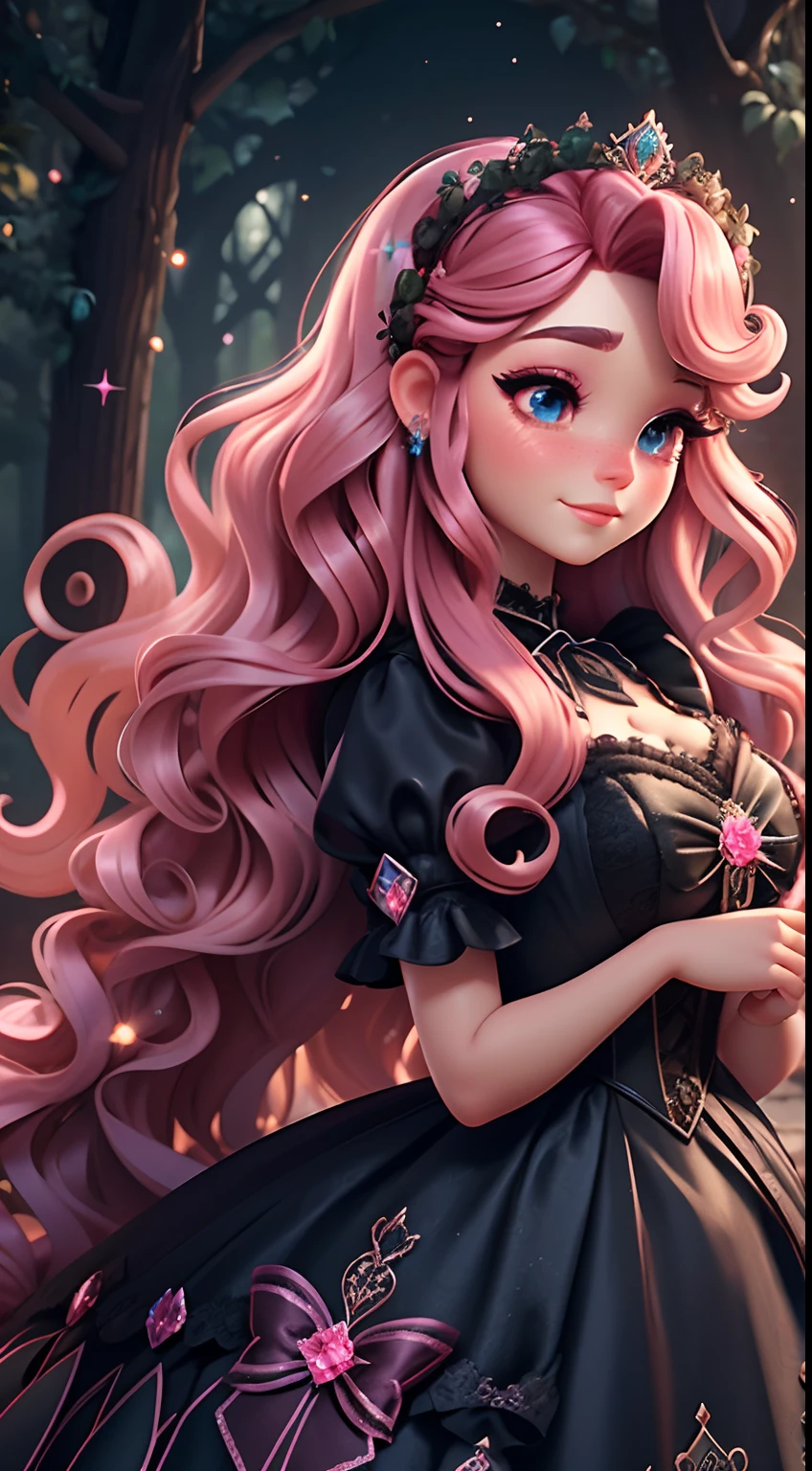 Enter a magical kingdom as Barbie With twinkling handles and a flower crown, She spreads enchantment in an ethereal forest setting, prism and glitter, with red wavy hair, a black lace Victorian era dress, hazel eye color,