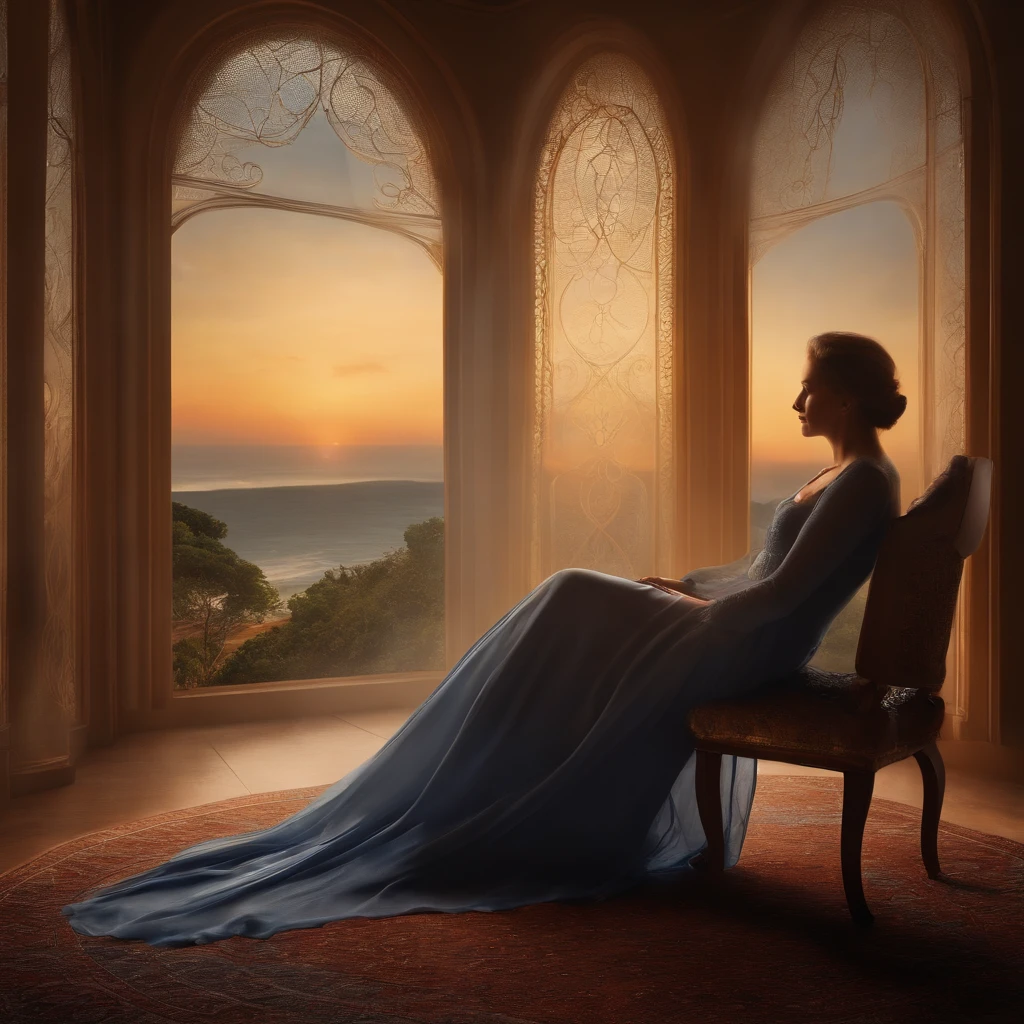 A ghost transmitting thought waves to a person who is thoughtful, Atormentado, sentada na cadeira, Mesa, com livros em cima da mesa, numa sala, com uma janela mostrando uma paisagem, cores muito brilhantes, light particles, com luz brilhante