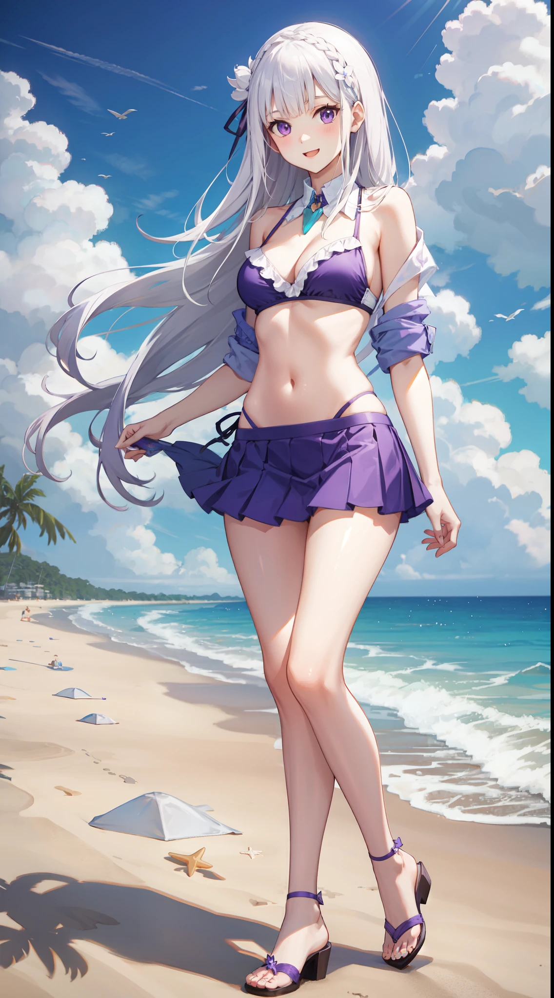 slim legs, cleavage, short skirt, navel, purple eyes, emilia, jackopose, White hair, long hair, side tie bikini, beach, happy