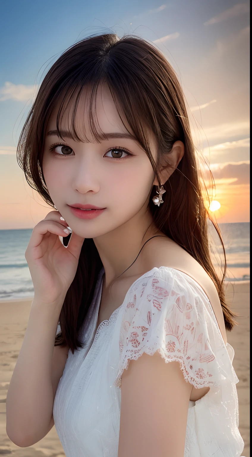 masutepiece, Best Quality, Illustration, Ultra-detailed, finely detail, hight resolution, 8K Wallpaper, Perfect dynamic composition, Beautiful detailed eyes, Wear a dress, Natural Color Lip,Beach, Random and cute poses, Kissing face,Close your eyes,Face Kiss Viewer,Perfect and beautiful face,Cute,Sexy face,Sunset,A face that felt ecstasy,Feminine face,Expression of excitement climax having sex