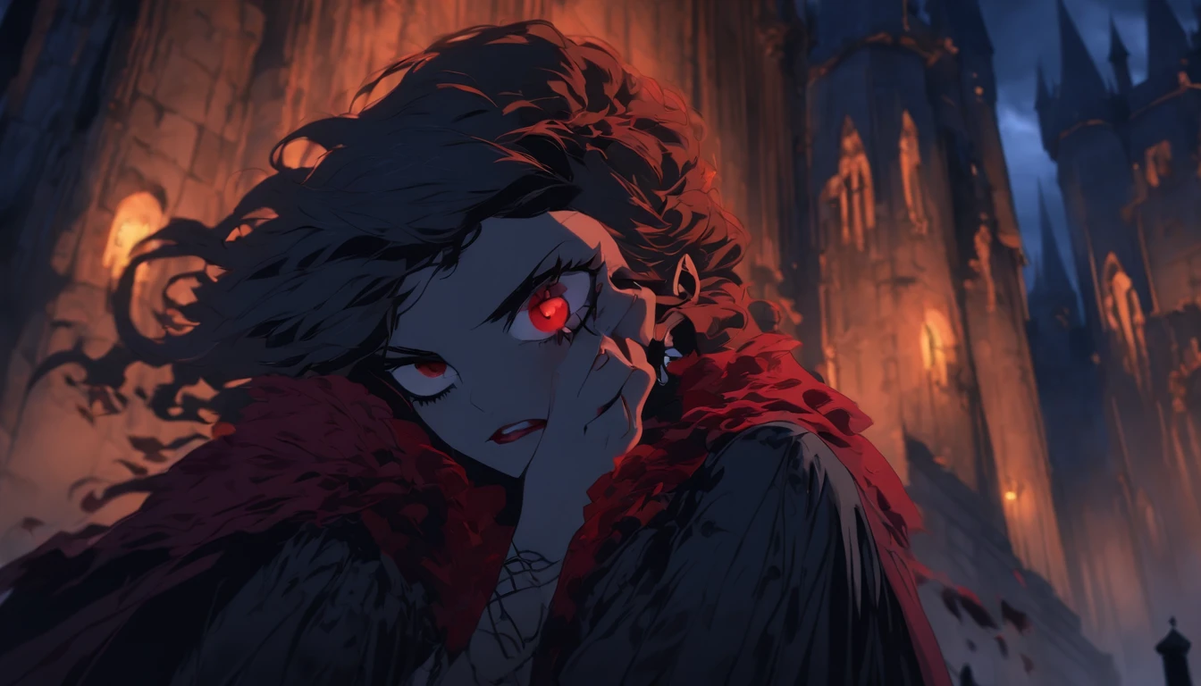 (best quality,4k,8k,highres,masterpiece:1.2),ultra-detailed,(realistic,photorealistic,photo-realistic:1.37),dark brown skinned female vampire,biting the neck of her victim,front of a dark gothic castle,ominous atmosphere,dramatic lighting,haunting shadows,crimson red curtains,bloody fangs,glistening drops of blood,dark flowing hair,seductively dressed,golden vampire eyes,pale moonlight illuminating the scene,intense emotions,desperate struggle,victim's terrified expression,subtle hints of supernatural powers,ancient stone walls,ravens perched on dark trees,thick mist swirling around the castle,ethereal beauty,evoking a sense of danger and allure,horror,gothic,portrait,expressionism,vivid colors,saturated tones,dramatic contrast,decaying leaves covering the ground,silent stillness,nighttime,secrets hidden in the darkness,quiet elegance,fierce and captivating,foreboding ambiance.