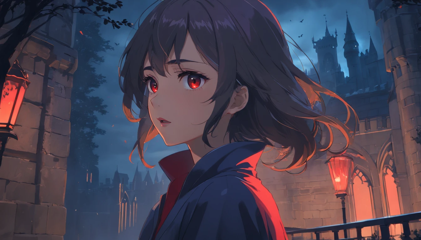 (best quality,4k,8k,highres,masterpiece:1.2),ultra-detailed,(realistic,photorealistic,photo-realistic:1.37),dark brown skinned female vampire,biting the neck of her victim,front of a dark gothic castle,ominous atmosphere,dramatic lighting,haunting shadows,crimson red curtains,bloody fangs,glistening drops of blood,dark flowing hair,seductively dressed,golden vampire eyes,pale moonlight illuminating the scene,intense emotions,desperate struggle,victim's terrified expression,subtle hints of supernatural powers,ancient stone walls,ravens perched on dark trees,thick mist swirling around the castle,ethereal beauty,evoking a sense of danger and allure,horror,gothic,portrait,expressionism,vivid colors,saturated tones,dramatic contrast,decaying leaves covering the ground,silent stillness,nighttime,secrets hidden in the darkness,quiet elegance,fierce and captivating,foreboding ambiance.
