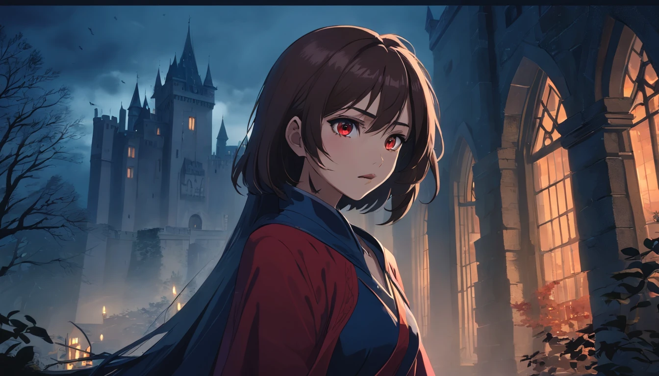 (best quality,4k,8k,highres,masterpiece:1.2),ultra-detailed,(realistic,photorealistic,photo-realistic:1.37),dark brown skinned female vampire,biting the neck of her victim,front of a dark gothic castle,ominous atmosphere,dramatic lighting,haunting shadows,crimson red curtains,bloody fangs,glistening drops of blood,dark flowing hair,seductively dressed,golden vampire eyes,pale moonlight illuminating the scene,intense emotions,desperate struggle,victim's terrified expression,subtle hints of supernatural powers,ancient stone walls,ravens perched on dark trees,thick mist swirling around the castle,ethereal beauty,evoking a sense of danger and allure,horror,gothic,portrait,expressionism,vivid colors,saturated tones,dramatic contrast,decaying leaves covering the ground,silent stillness,nighttime,secrets hidden in the darkness,quiet elegance,fierce and captivating,foreboding ambiance.