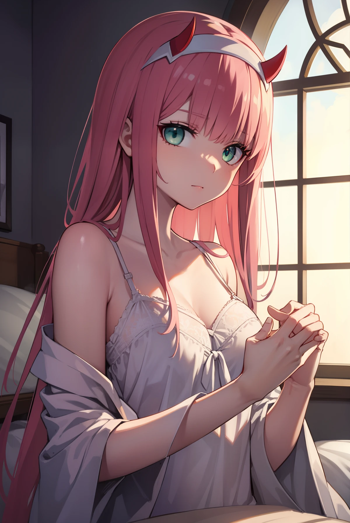 zerotwo, zero two, (green eyes:1.5), hairband, horns, long hair, pink hair, red horns, white hairband,
BREAK lingerie
BREAK indoors, bed,
BREAK looking at viewer, BREAK (masterpiece:1.2), best quality, high resolution, unity 8k wallpaper, (illustration:0.8), (beautiful detailed eyes:1.6), extremely detailed face, perfect lighting, extremely detailed CG, (perfect hands, perfect anatomy), medium