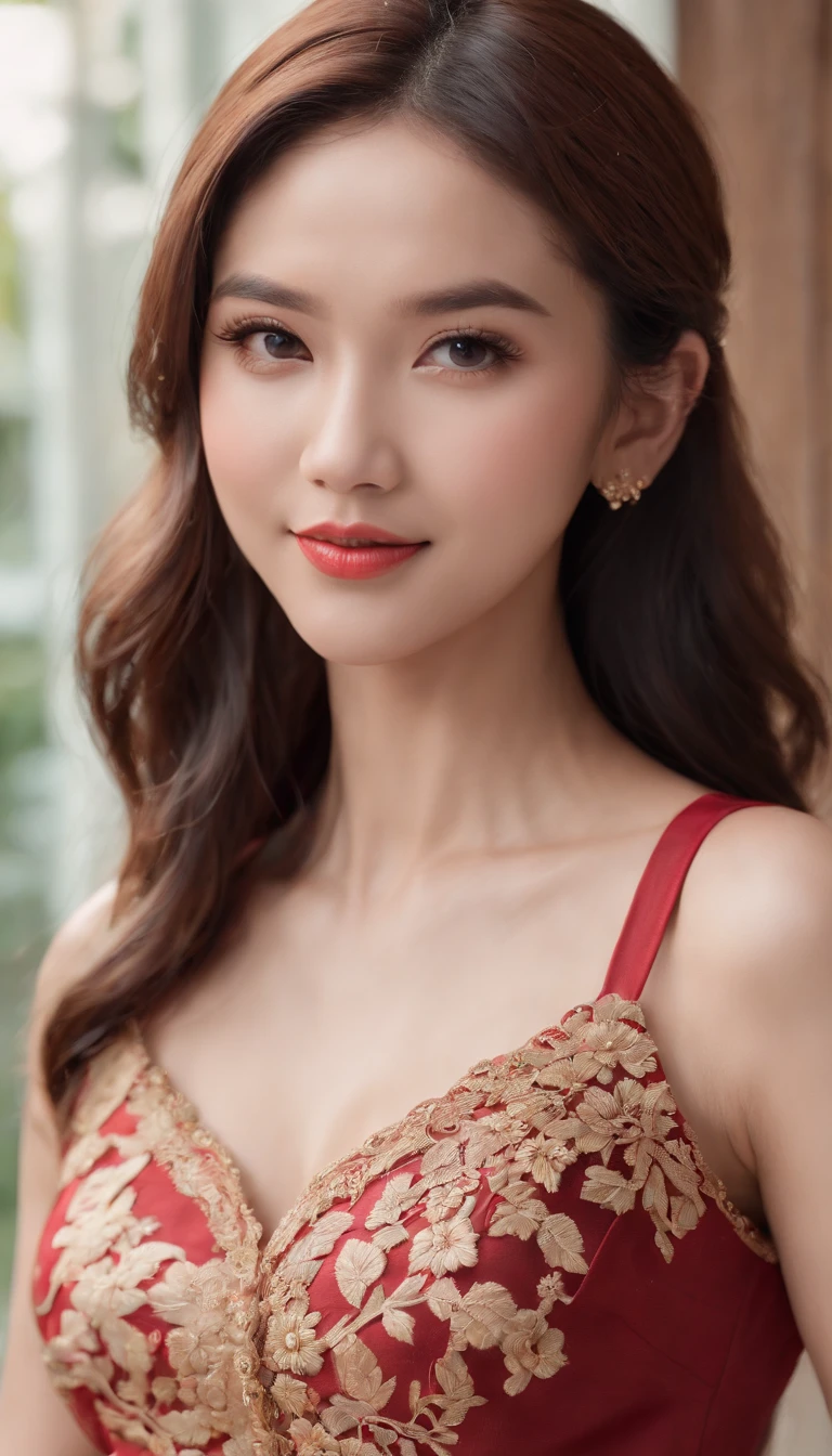 Realistic photo, argent,red lace kebaya,Scroll,batik,sleeveless, treasure,universe, face the camera, smile, 25 year old girl, cute girl, beautiful girl, beautiful Indonesian model, white healthy skin, smooth skin, delicate eyes, tied-up hair, ethnic earrings, gold tiara, full body photo, realistic hands, realistic fingers, detailed hands, detailed fingers, (sexy body:1.9), (slim waist:1.3), fashion photoshoot
