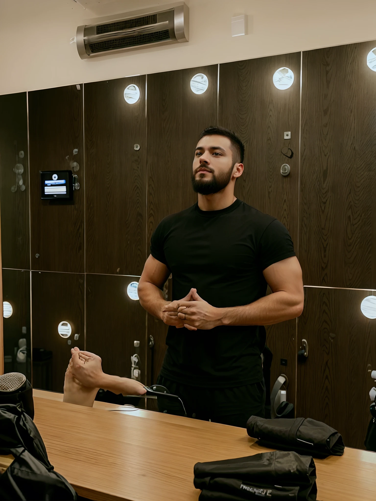 there is a man standing in front of a mirror in a room, with a beard and a black shirt, taken on iphone 1 3 pro, taken on iphone 14 pro, standing in front of a mirror, looking smug, in a planet fitness, he is wearing a black t-shirt, by Romain brook, shot on iphone 1 3 pro, in a gym