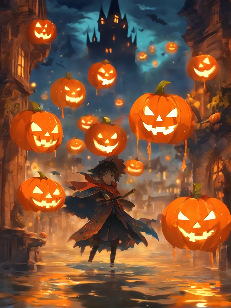 Halloween Floating Lights, Cinematographic light and reflection, glowing lights, Intermediate elements of the metaverse，digital painting, reflets brillants, Reflect, Halloween Jack-o'-lantern, Nuit calme, digital illustration, Belle ambiance, Skylights at night, Quiet atmosphere in the evening, Jack-o'-lantern, Halloween, La nuit, Thémon, The game scene, Halloween, Surrounded by clouds, Buildings in medieval Europe, Enamelled tiles, UE, Des couleurs magnifiqUEs, Il y a trois arches au premier plan((encre de couleur)), ( (Splash the ink ) ), ((Splash the ink) Inky})), tmasterpiece, High career, De beaux graphismes, high details,magnifiqUE