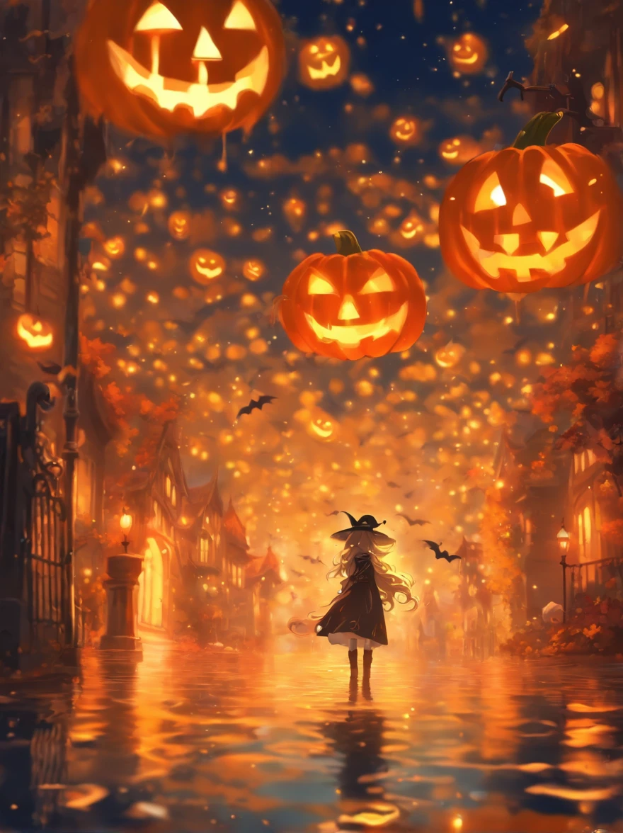 Halloween Floating Lights, Cinematographic light and reflection, glowing lights, Intermediate elements of the metaverse，digital painting, reflets brillants, Reflect, Halloween Jack-o'-lantern, Nuit calme, digital illustration, Belle ambiance, Skylights at night, Quiet atmosphere in the evening, Jack-o'-lantern, Halloween, La nuit, Thémon, The game scene, Halloween, Surrounded by clouds, Buildings in medieval Europe, Enamelled tiles, UE, Des couleurs magnifiqUEs, Il y a trois arches au premier plan((encre de couleur)), ( (Splash the ink ) ), ((Splash the ink) Inky})), tmasterpiece, High career, De beaux graphismes, high details,magnifiqUE