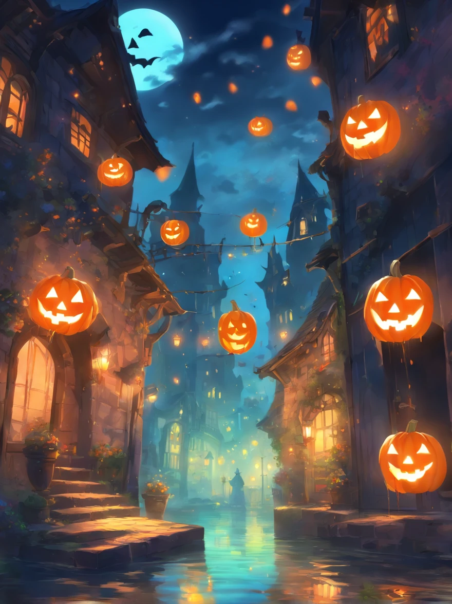 Halloween Floating Lights, Cinematographic light and reflection, glowing lights, Intermediate elements of the metaverse,digital painting, reflets brillants, Reflect, Halloween Jack-o'-lantern, Nuit calme, digital illustration, Belle ambiance, Skylights at night, Quiet atmosphere in the evening, Jack-o'-lantern, Halloween, La nuit, Thémon, The game scene, Halloween, Surrounded by clouds, Buildings in medieval Europe, Enamelled tiles, UE, Des couleurs magnifiqUEs, Il y a trois arches au premier plan((encre de couleur)), ( (Splash the ink ) ), ((Splash the ink) Inky})), tmasterpiece, High career, De beaux graphismes, high details,magnifiqUE