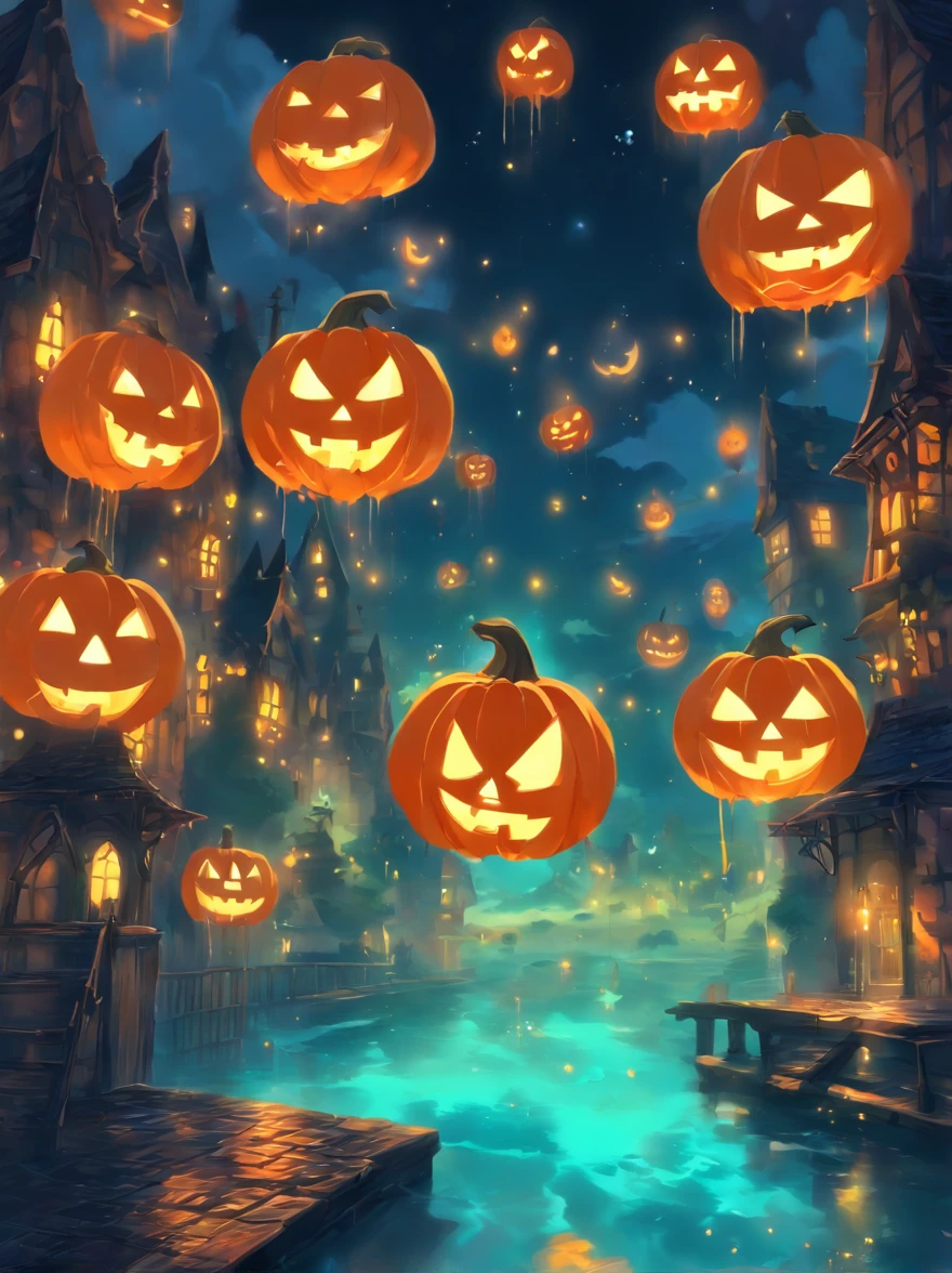 Halloween Floating Lights, Cinematographic light and reflection, glowing lights, Intermediate elements of the metaverse,digital painting, reflets brillants, Reflect, Halloween Jack-o'-lantern, Nuit calme, digital illustration, Belle ambiance, Skylights at night, Quiet atmosphere in the evening, Jack-o'-lantern, Halloween, La nuit, Thémon, The game scene, Halloween, Surrounded by clouds, Buildings in medieval Europe, Enamelled tiles, UE, Des couleurs magnifiqUEs, Il y a trois arches au premier plan((encre de couleur)), ( (Splash the ink ) ), ((Splash the ink) Inky})), tmasterpiece, High career, De beaux graphismes, high details,magnifiqUE