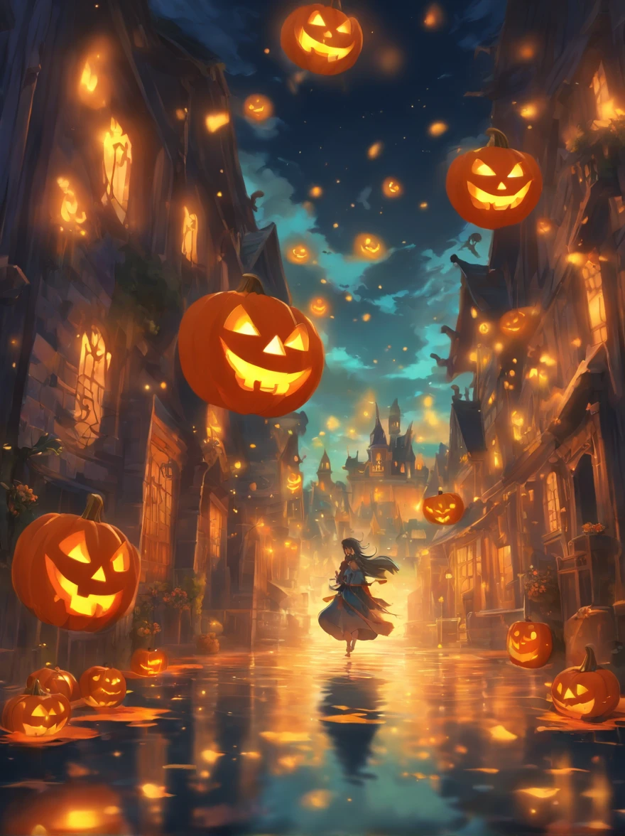 Halloween Floating Lights, Cinematographic light and reflection, glowing lights, Intermediate elements of the metaverse,digital painting, reflets brillants, Reflect, Halloween Jack-o'-lantern, Nuit calme, digital illustration, Belle ambiance, Skylights at night, Quiet atmosphere in the evening, Jack-o'-lantern, Halloween, La nuit, Thémon, The game scene, Halloween, Surrounded by clouds, Buildings in medieval Europe, Enamelled tiles, UE, Des couleurs magnifiqUEs, Il y a trois arches au premier plan((encre de couleur)), ( (Splash the ink ) ), ((Splash the ink) Inky})), tmasterpiece, High career, De beaux graphismes, high details,magnifiqUE