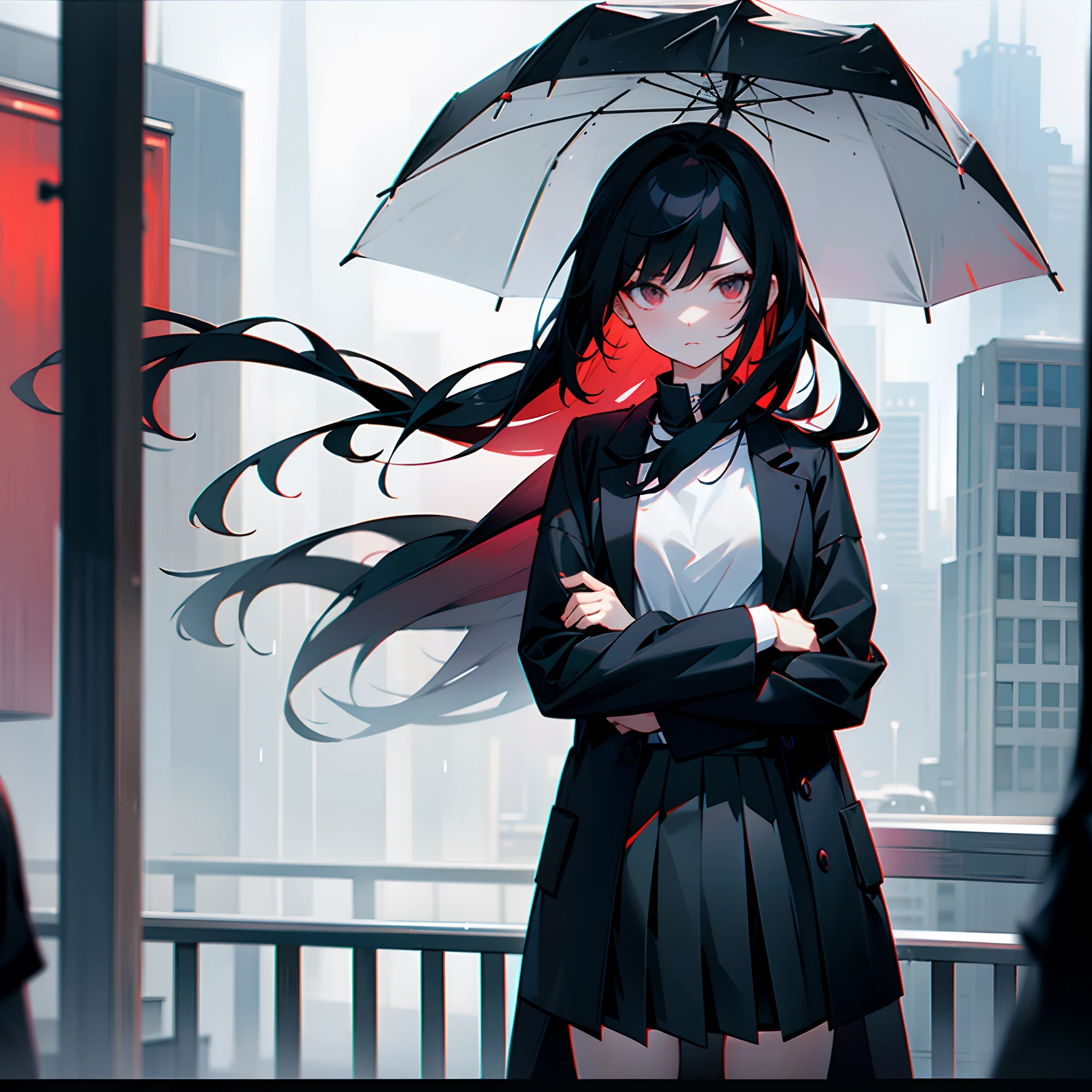 Rainy nights、An urban area lined with buildings、Standing Girl、Black coat、white t-shirts、a black skirt、Black hair with red mesh、Looking at me with contempt