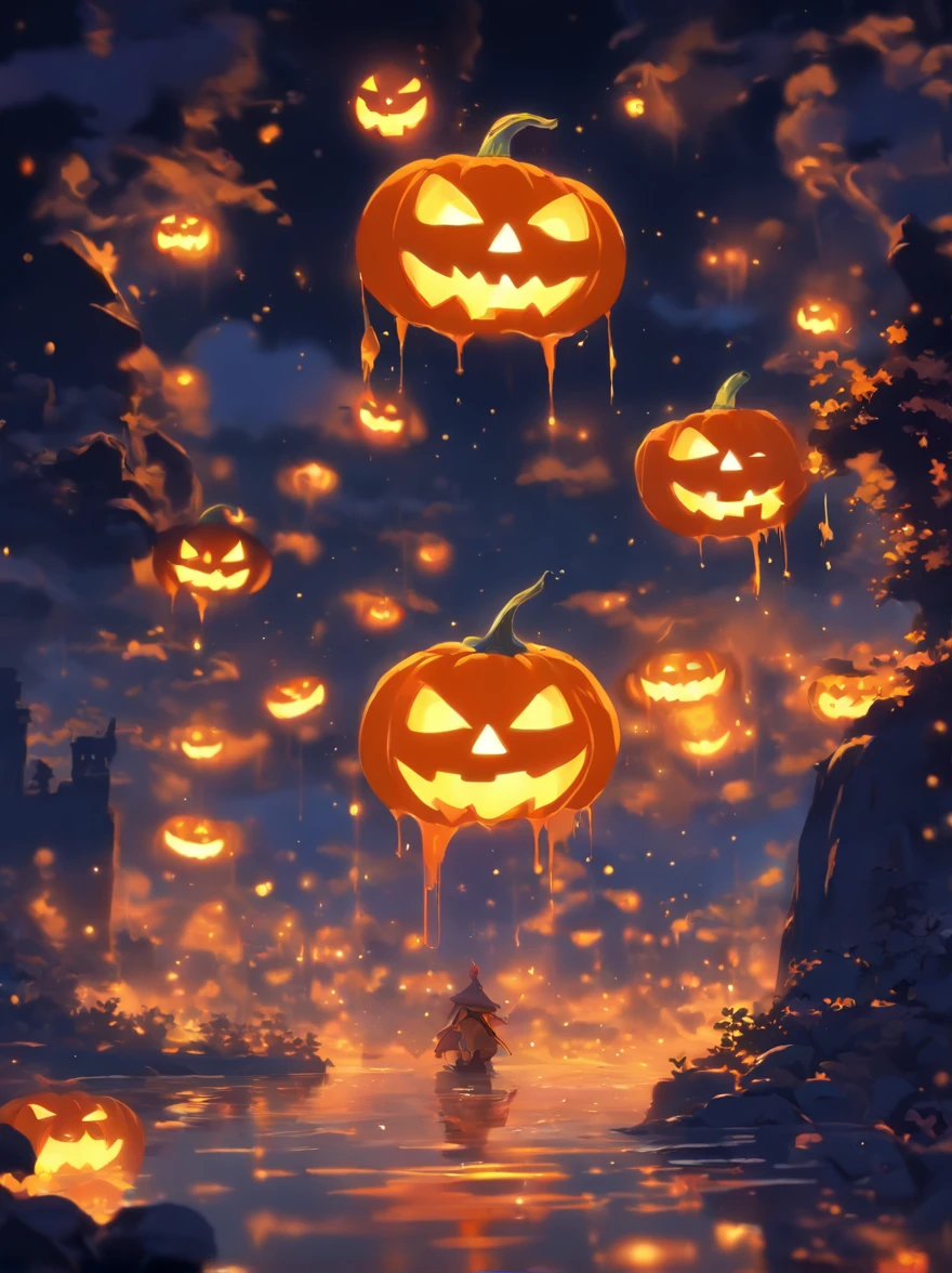 Halloween Floating Lights, Cinematographic light and reflection, glowing lights, Intermediate elements of the metaverse,digital painting, reflets brillants, Reflect, Halloween Jack-o'-lantern, Nuit calme, digital illustration, Belle ambiance, Skylights at night, Quiet atmosphere in the evening, Jack-o'-lantern, Halloween, La nuit, Thémon, The game scene, Halloween, Surrounded by clouds, Buildings in medieval Europe, Enamelled tiles, UE, Des couleurs magnifiqUEs, Il y a trois arches au premier plan((encre de couleur)), ( (Splash the ink ) ), ((Splash the ink) Inky})), tmasterpiece, High career, De beaux graphismes, high details,magnifiqUE