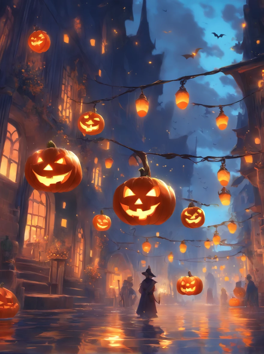 Halloween Floating Lights, Cinematographic light and reflection, glowing lights, Intermediate elements of the metaverse,digital painting, reflets brillants, Reflect, Halloween Jack-o'-lantern, Nuit calme, digital illustration, Belle ambiance, Skylights at night, Quiet atmosphere in the evening, Jack-o'-lantern, Halloween, La nuit, Thémon, The game scene, Halloween, Surrounded by clouds, Buildings in medieval Europe, Enamelled tiles, UE, Des couleurs magnifiqUEs, Il y a trois arches au premier plan((encre de couleur)), ( (Splash the ink ) ), ((Splash the ink) Inky})), tmasterpiece, High career, De beaux graphismes, high details,magnifiqUE
