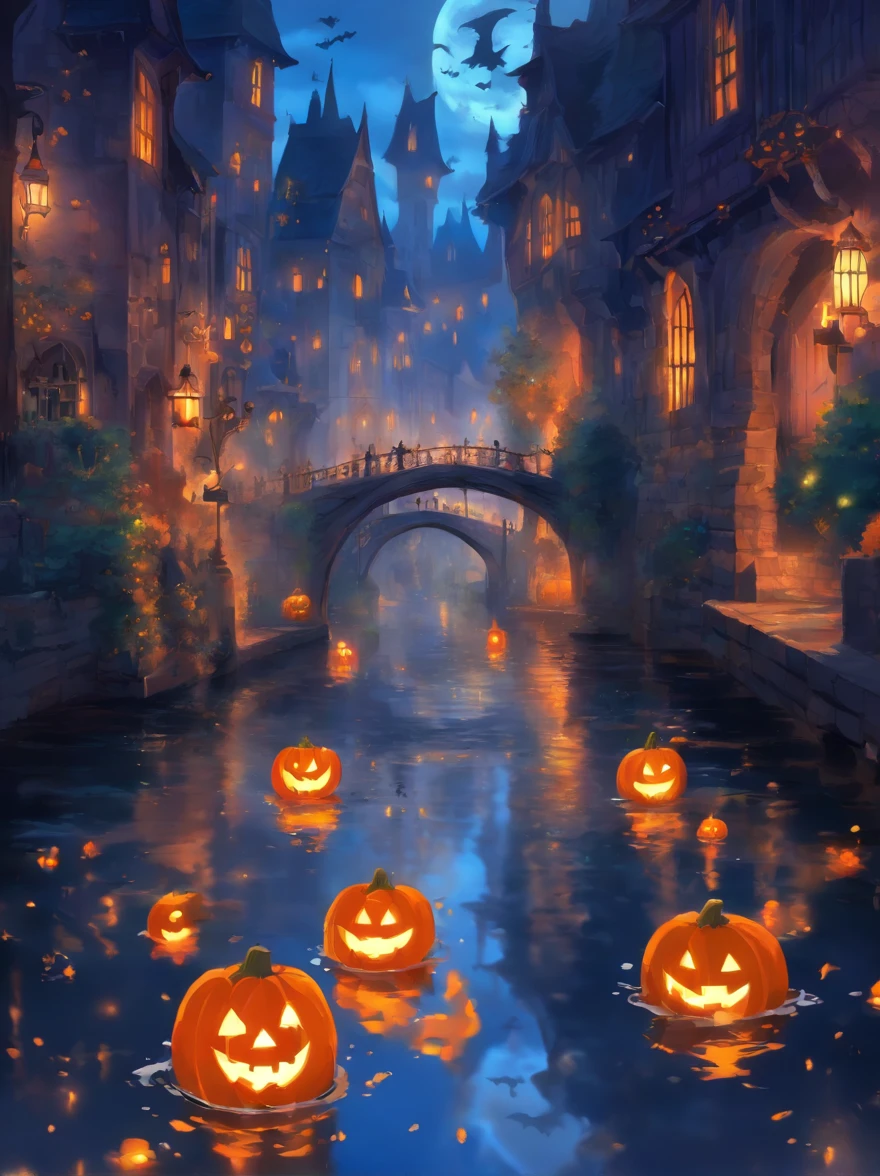 Halloween Floating Lights, Cinematographic light and reflection, glowing lights, Intermediate elements of the metaverse,digital painting, reflets brillants, Reflect, Halloween Jack-o'-lantern, Nuit calme, digital illustration, Belle ambiance, Skylights at night, Quiet atmosphere in the evening, Jack-o'-lantern, Halloween, La nuit, Thémon, The game scene, Halloween, Surrounded by clouds, Buildings in medieval Europe, Enamelled tiles, UE, Des couleurs magnifiqUEs, Il y a trois arches au premier plan((encre de couleur)), ( (Splash the ink ) ), ((Splash the ink) Inky})), tmasterpiece, High career, De beaux graphismes, high details,magnifiqUE