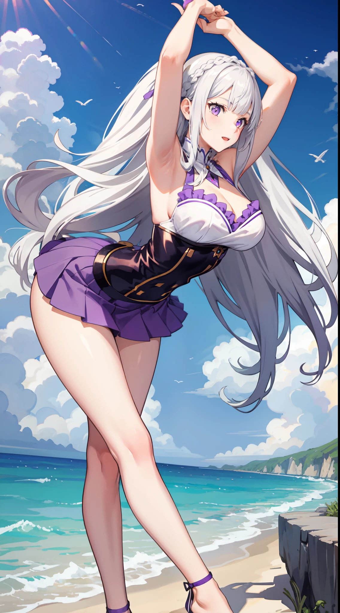 1 girl, slim legs, cleavage, short skirt, navel, purple eyes, emilia, jackopose, Jack o pose, bending power, face down, ass up, legs spread, arms crossed, White hair, long hair, side tie bikini, beach, happy