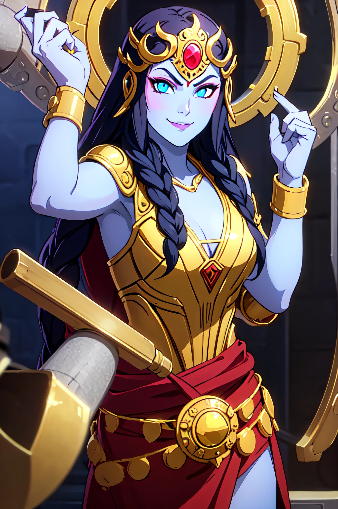 SMITE_KALI, 1girl, solo, facing viewer, looking at viewer, smile.
