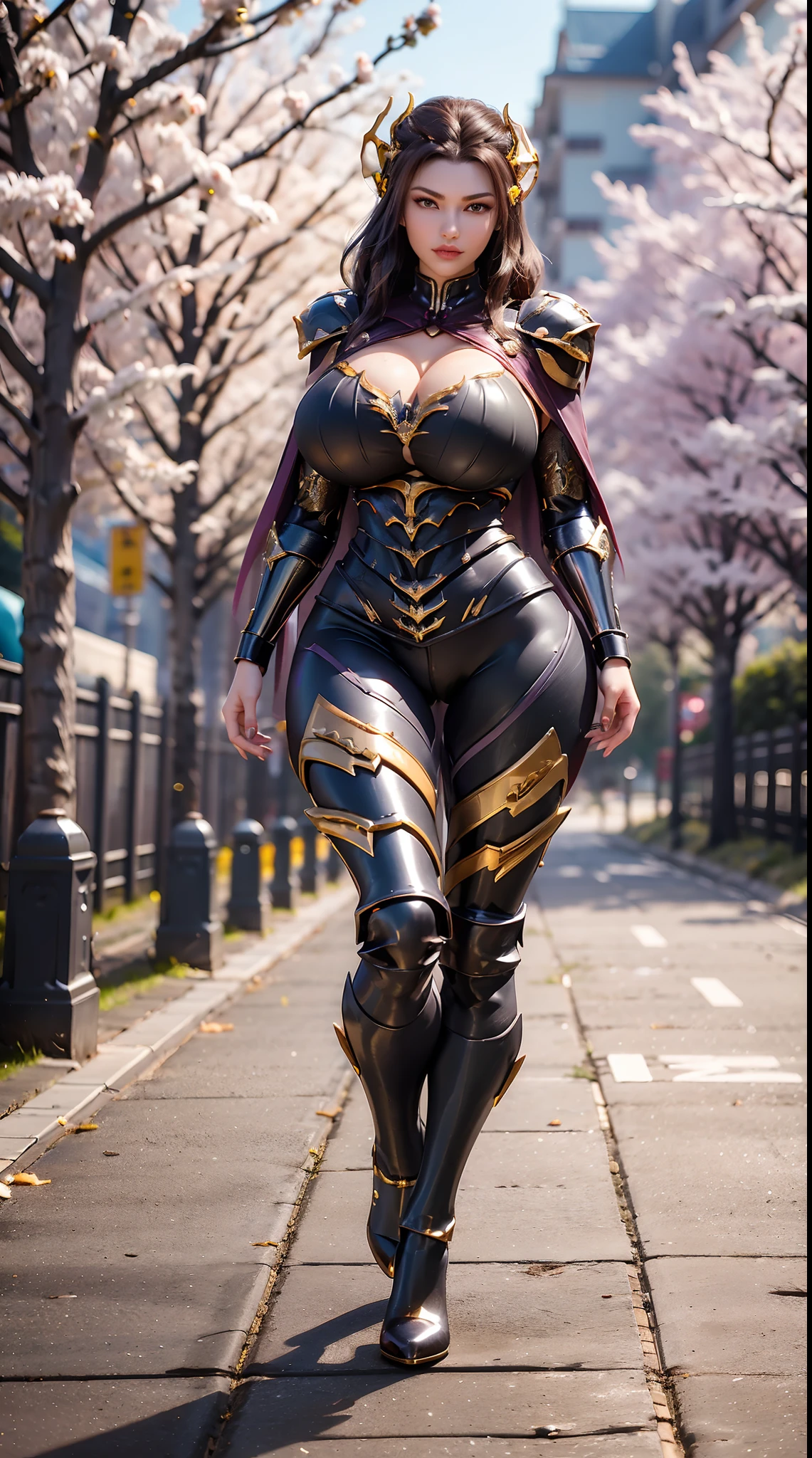 1GIRL, SOLO, (dark hair, hair gold ornament), (HUGE FAKE BOOBS:1.3), (dark-purple), (DRAGON MECHA BATTLE ARMOR, ROYAL CAPE, CLEAVAGE, SKINTIGHT YOGA PANTS, HIGH HEELS:1.5), (GLAMOROUS BODY, SEXY LONG LEGS, FULL BODY:1.5), (FROM FRONT, LOOKING AT VIEWER:1), (WALKING DOWN ON STREET CHERRY TREES:1.3), PHYSICALLY-BASED RENDERING, ULTRA HIGHT DEFINITION, 8K, 1080P.