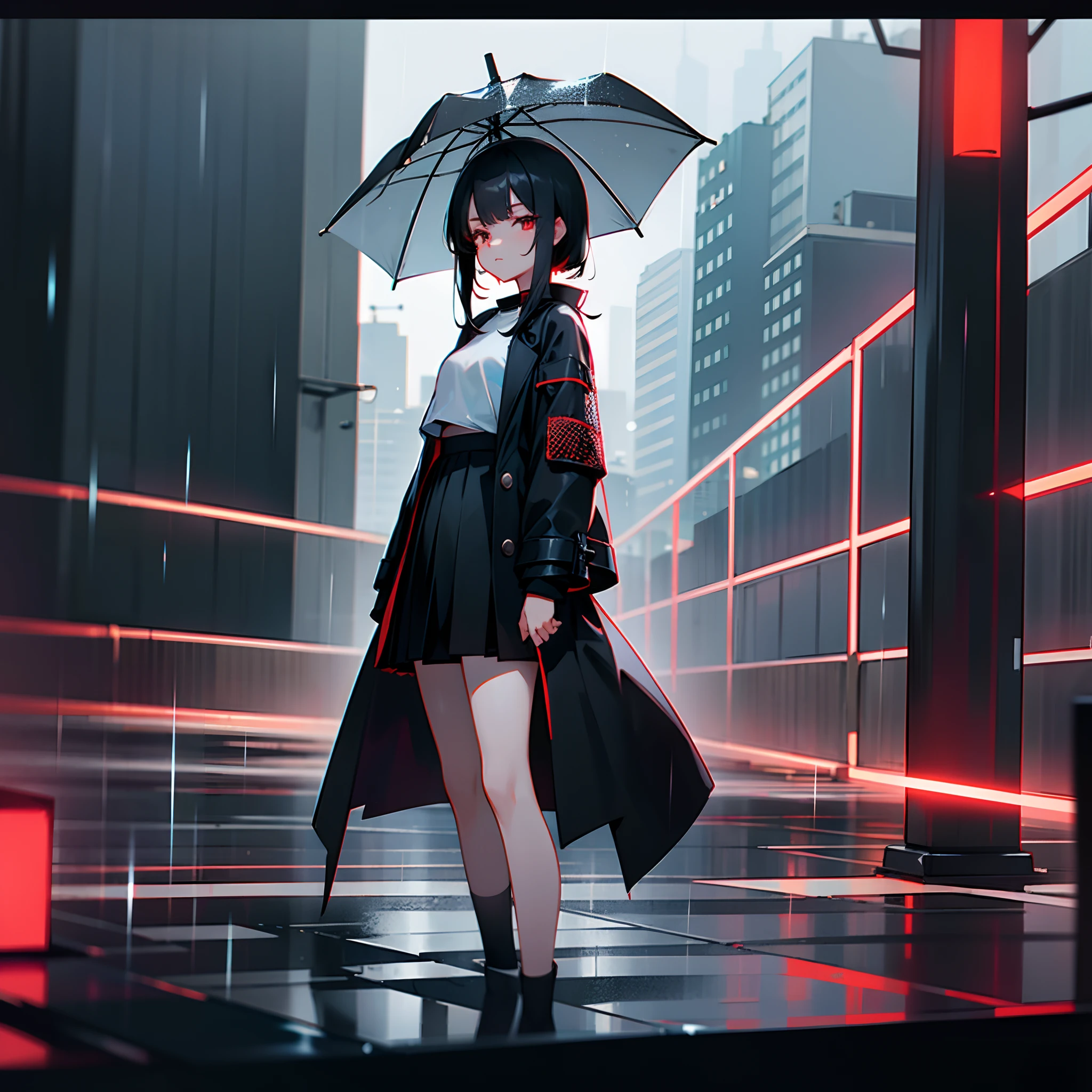 Rainy nights、An urban area lined with buildings、Standing Girl、Black coat、white t-shirts、a black skirt、Black hair with red mesh、Looking at me with contempt