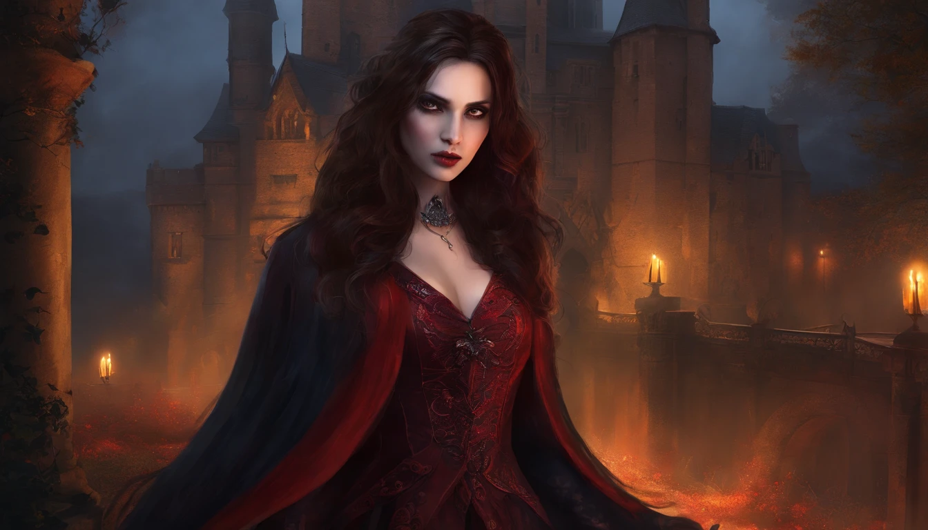 (masterpiece, top quality, best quality, official art, beautiful and aesthetic:1.2), (1girl:1.3), long and curly dark brown hair, ((extravagant updo)), Victorian style, extremely detailed, portrait, looking at viewer, solo, (full body:0.6), detailed background, close up, mischievous eyes, (cold midnight castle theme:1.1), extremely busty vampire, long fangs, blood on chin, huge lips, charlatan, smirk, mysterious, being seductive on a balcony, revealing gothic dress, lace, extremely tight bodice, black attire, red skirts, off shoulder, long sleeves, loose sleeves, black leather, cloak, corset, black dress, fishnets, thigh high black boots, buckles, straps, pouches, glowing blood magic energy, dark red fabric, silver trim, black leather, gigantic breasts, cleavage, skindentation, slim waist, slim hips, long legs, medieval (gothic castle exterior:1.1) background, nighttime, dark mysterious lighting, shadows, magical atmosphere, dutch angle