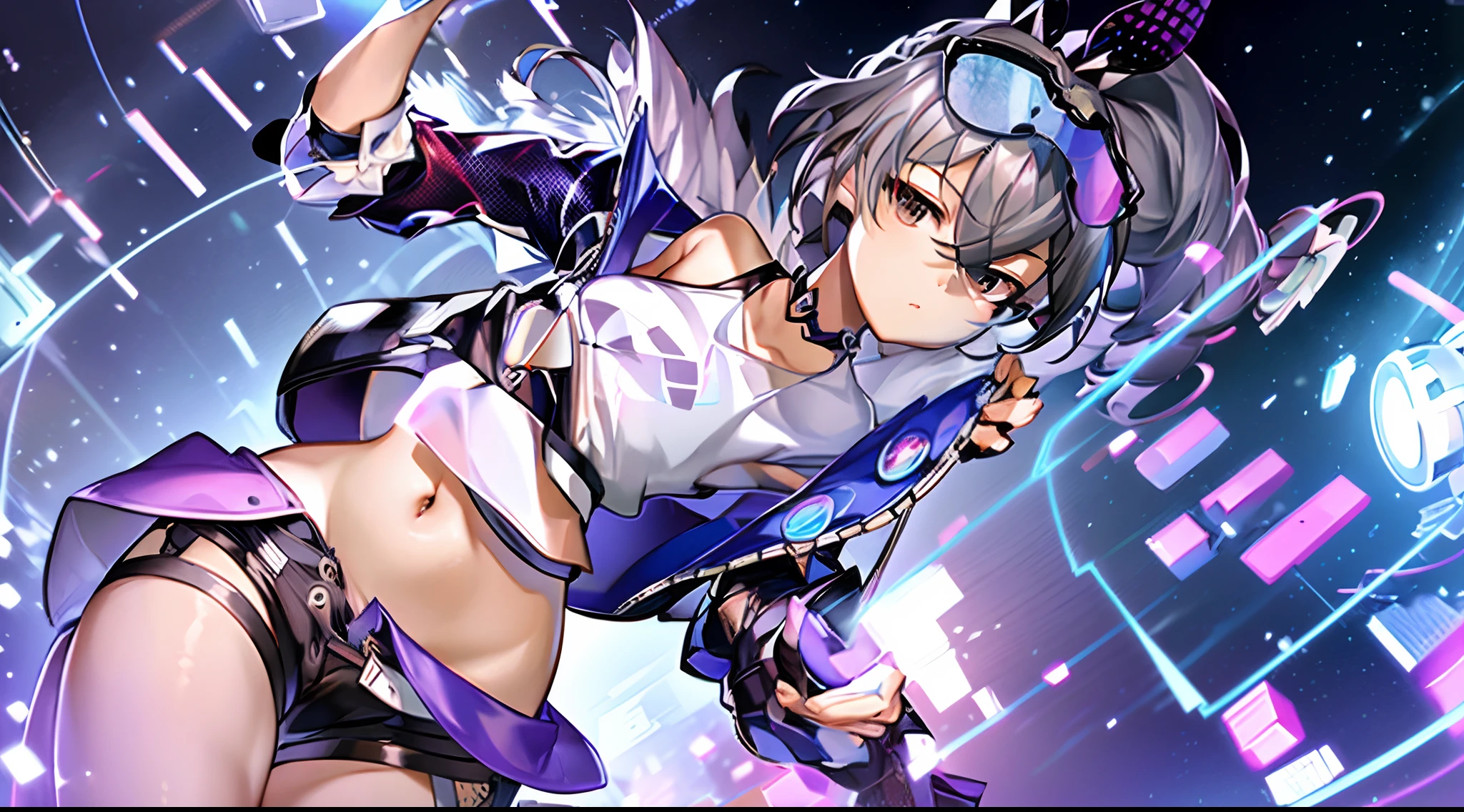 best quality ,masterpiece, illustration, an extremely delicate and beautiful, extremely detailed ,CG ,unity ,8k wallpaper, Amazing, finely detail, masterpiece,best quality,official art,extremely detailed CG unity 8k wallpaper,absurdres, incredibly absurdres, ultra-detailed, highres, extremely detailed,beautiful detailed girl, extremely detailed eyes and face, beautiful detailed eyes,light on face,
1girl,bronya zaychik,bronya,silver_wolf,grey hair,ponytail,grey eyes,small_breasts,shorts,shot_jacket,belt,earrings,hairclip,
looking at viewer,garters,choker,(navel:1.1),collarbone,sweat,