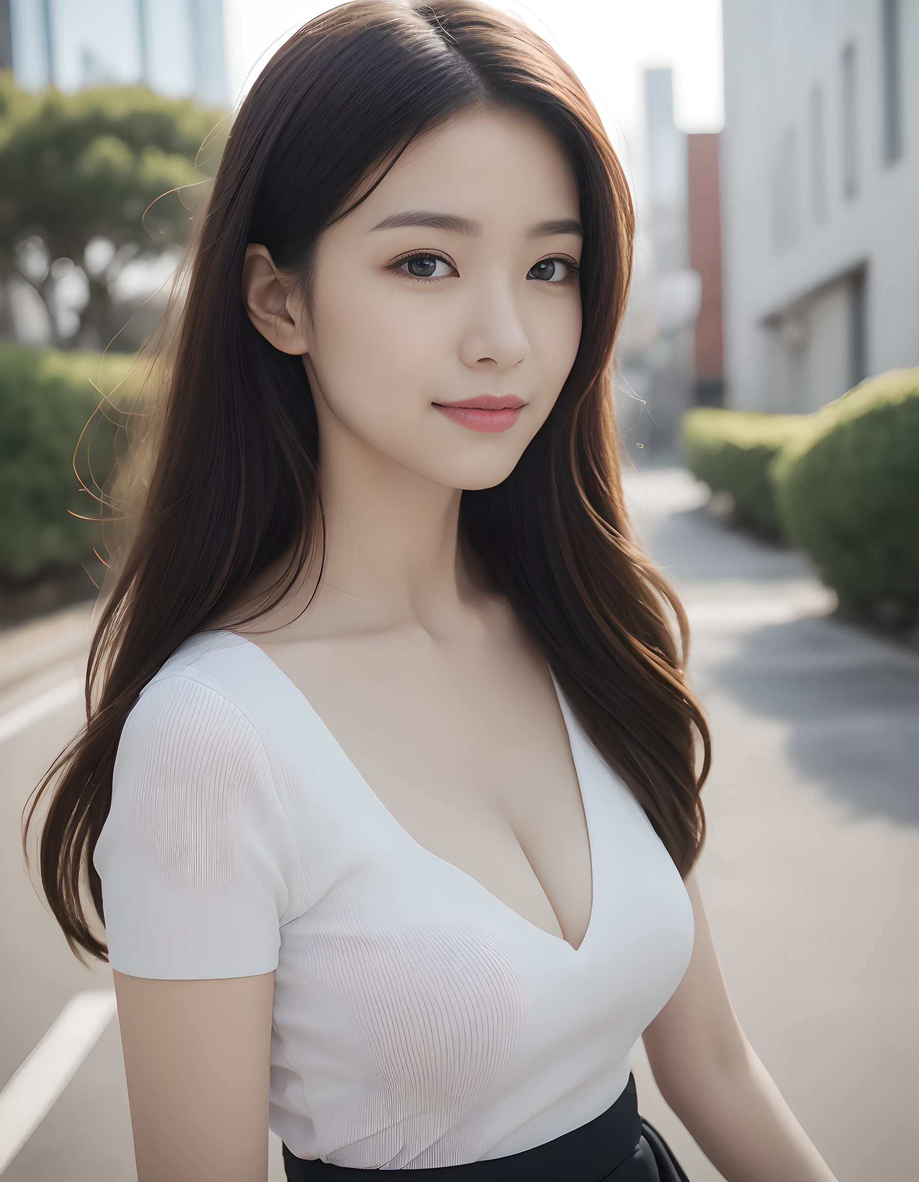 best quality, white skin, real human skin, (detailed face), oval face, pores, ultra high res, (8k, RAW photo, photorealistic:1.4), 1girl, slim, (large-breast:1.37, cleavage), (looking straight at viewer with a serene and goddess-like happiness:1.2), (lifter gloss, eyelashes, gloss-face, best quality, ultra highres, Broad lighting, natural shading), teacher style fashion, sleeveless, emerald green A-line dress, cityscape, fashion street venue, arms behind back:1.3, burry background, bokeh, depth of field, cowboy shot:1.3, centered image,