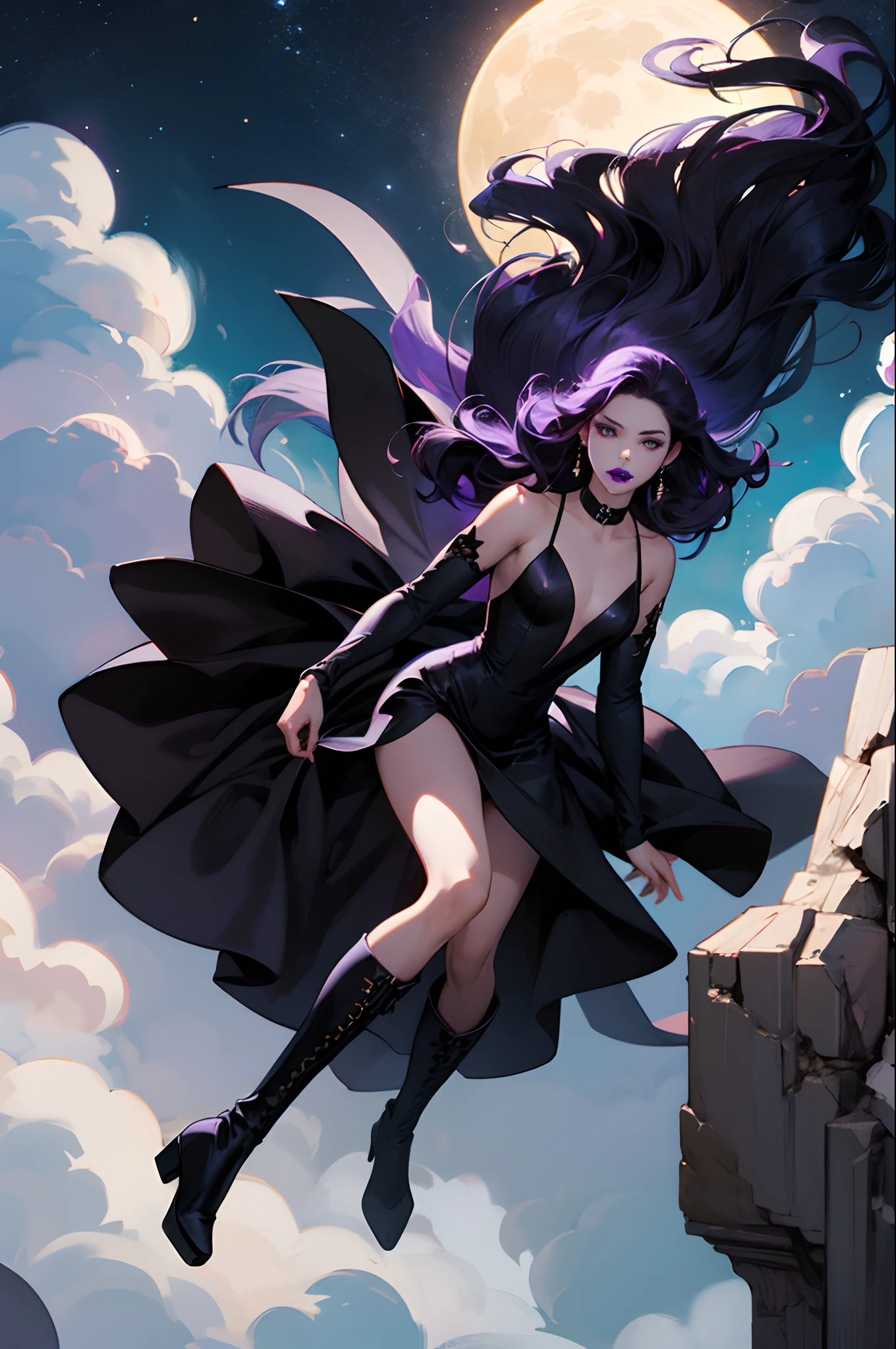 marvel comic pannel, Dark purple wavy hair, choker with moon jewel, black dress, light skin, black eyes, black lipstick, black pointed toe heel block knee high boots, age girl