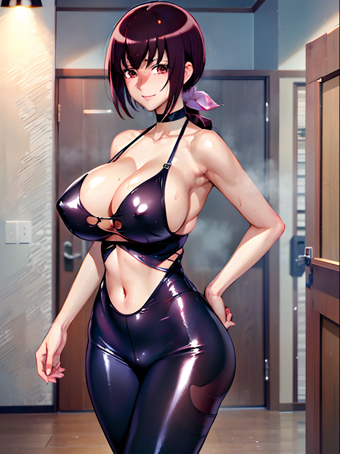 masutepiece、masterpiece、top-quality、Beautuful Women、Extraordinary beauty、Tube Top、Glossy leggings、Tight outfits、Colossal tits、teats、short-cut、A dark-haired、Nasty smile、beauty legs、1人の女性、full of sweat、red blush