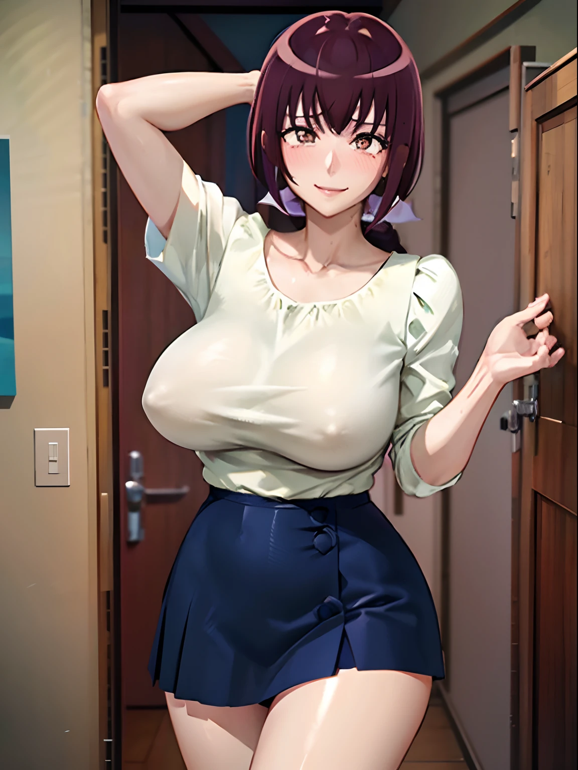 masutepiece、​masterpiece、top-quality、Beautuful Women、Extraordinary beauty、White shirt、Short pleated skirt、Crab Crotch Pose、panthyhose、Colossal tits、teats、short-cut、A dark-haired、Nasty smile、beauty legs、1人の女性、full of sweat、red blush