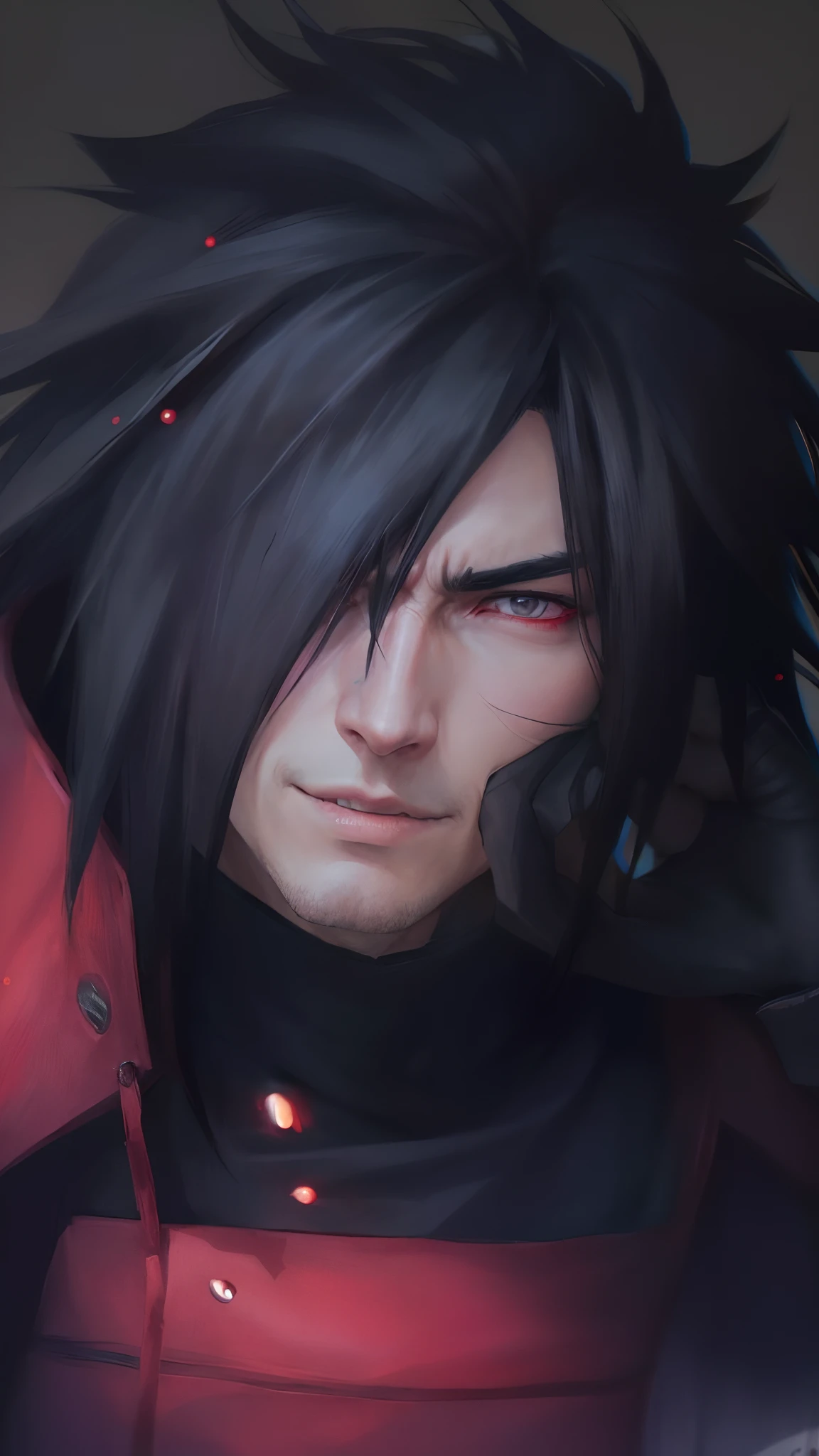 a close up of a person with a black hair and a red jacket, madara uchiha, itatchi uchiha, itachi uchiha, sasuke uchiha, badass anime 8 k, itachi, he's very menacing and evil, alucard, detailed anime character art, sebastian michaelis, stunning anime face portrait, he has dark grey hairs