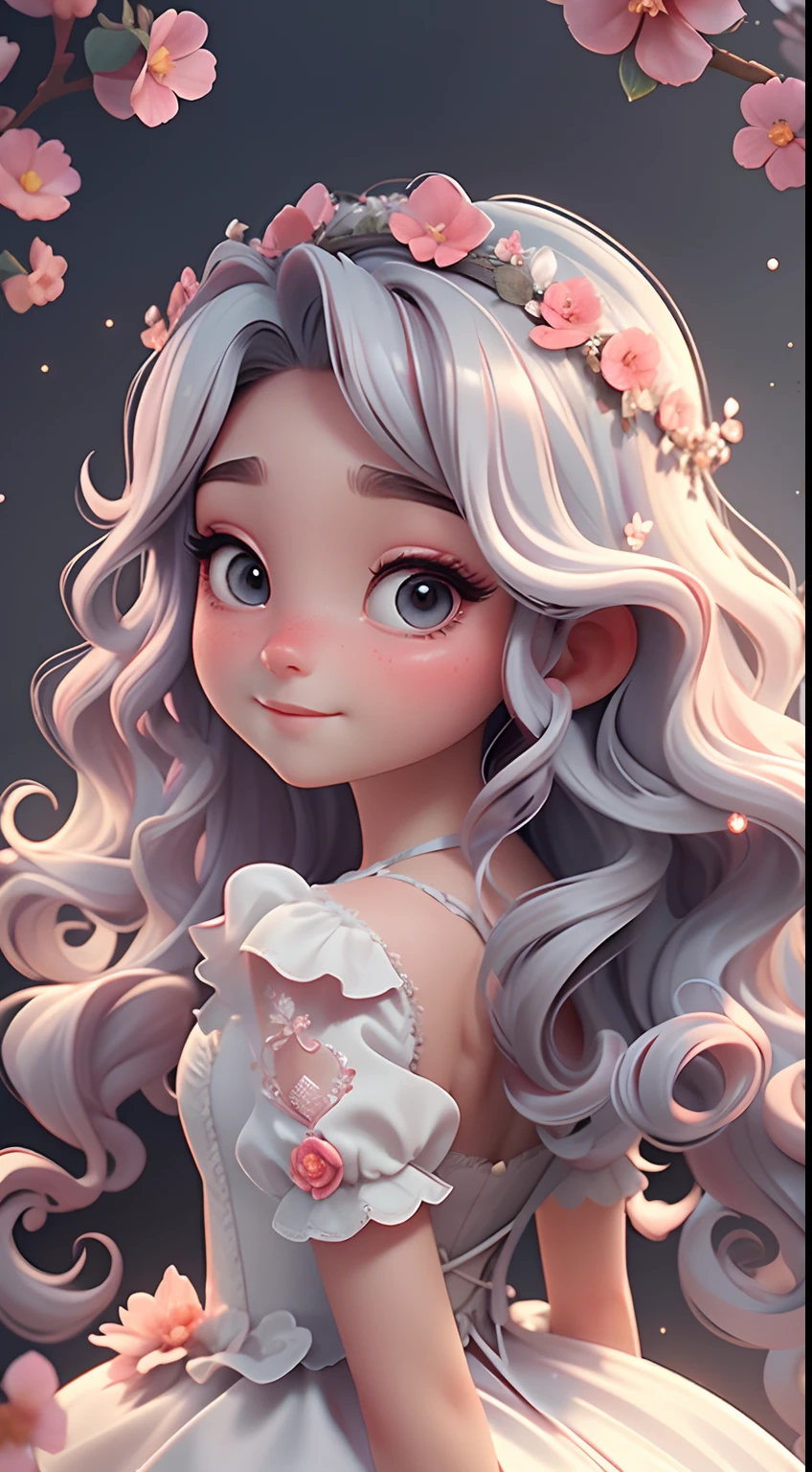 Enter a magical kingdom as strawberry short cake With twinkling handles and a flower crown, She spreads enchantment in an ethereal forest setting, prism and glitter, with red wavy hair, a white satin dress, grey eye color,
