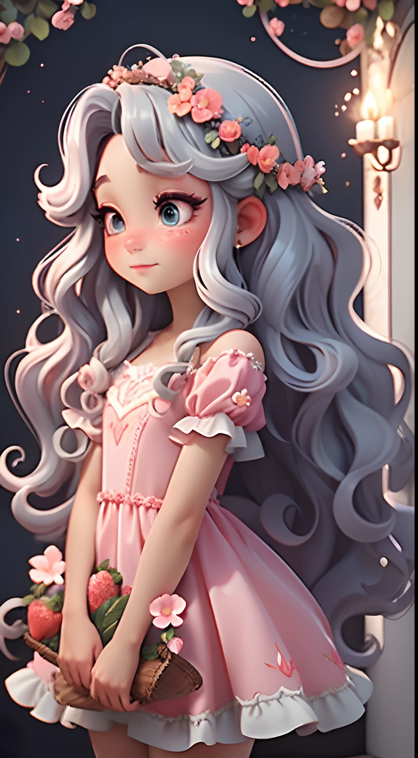 Enter a magical kingdom as strawberry short cake With twinkling handles and a flower crown, She spreads enchantment in an ethereal forest setting, prism and glitter, with red wavy hair, a white satin dress, grey eye color,
