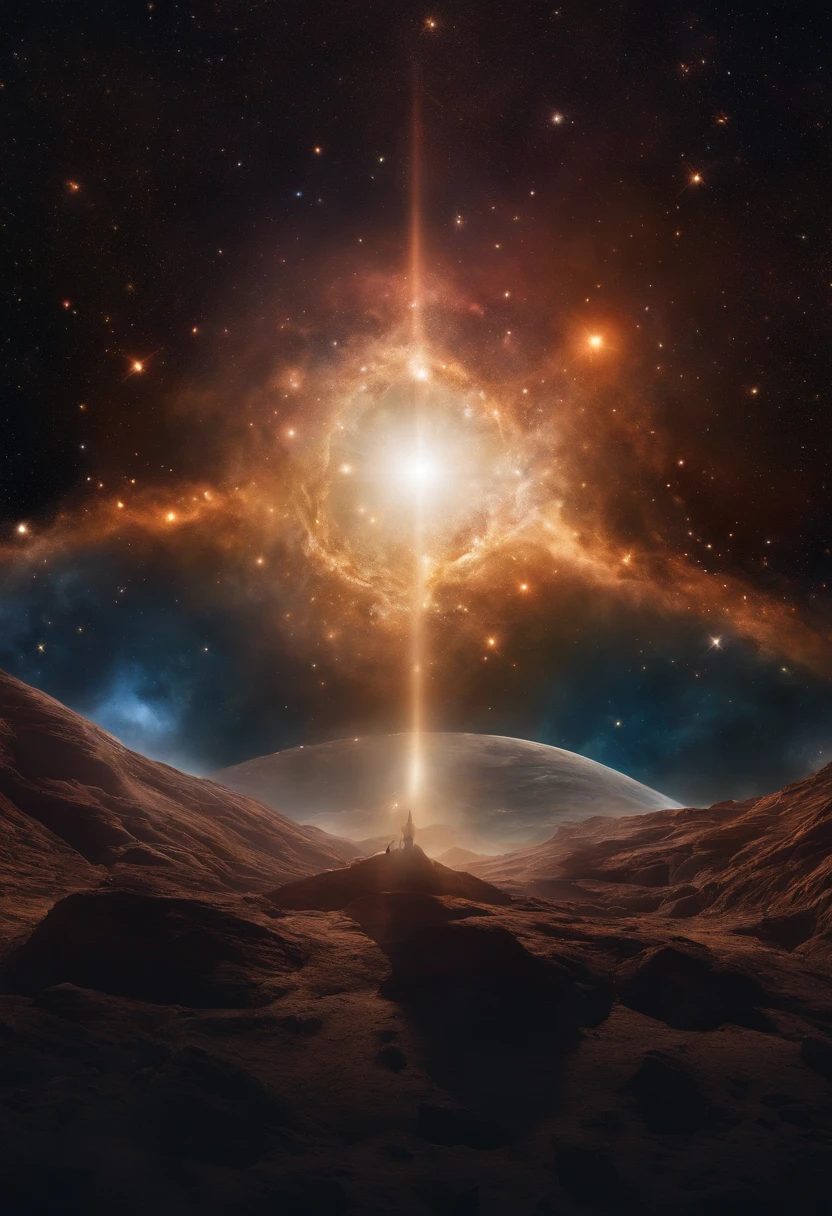 "Cosmic Essence Incarnate: Create an image that visualizes the cosmic as a human being. Imagine a figure whose essence is intertwined with the universe, Radiating Cosmic Energy and Wonder. Resalta elementos como galaxias arremolinadas, Estrellas, y nebulosas dentro de su forma. Use a celestial color palette that combines deep space tones with ethereal glows. The image should evoke a sense of transcendence and infinite possibility, offering viewers a glimpse into the mysteries of the universe embodied in human form. 8k UHD, Intricate Cosmic Details, Paleta de colores celestiales, and an atmosphere of cosmic wonder."