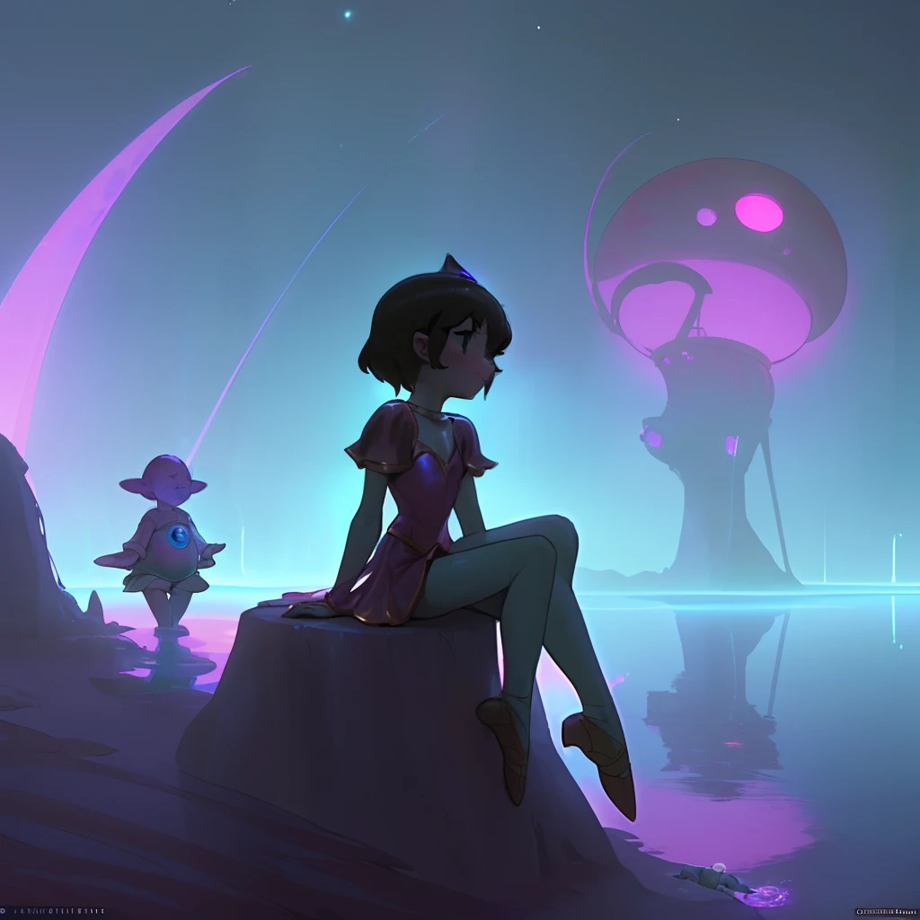 small dwarfs wearing a ballerina costume sitting on the ground looking at the viewer in a fantastical, subaqueous, neon-lit, and extraterrestrial planet's water body setting, with gentle, atmospheric light,