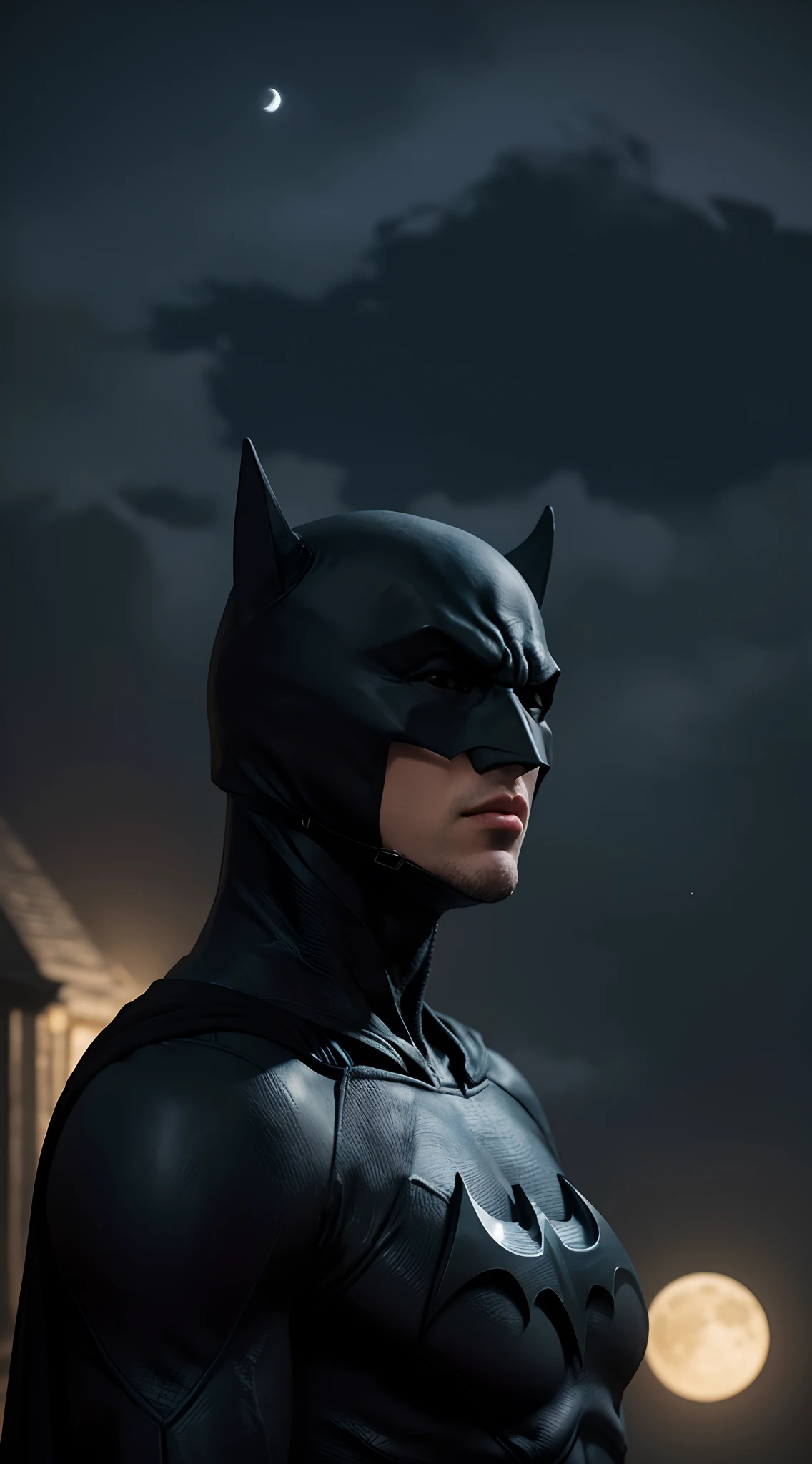 Title: "Moonlit Guardian"

Description: This wallpaper showcases Batman's home in the dark night, with a vibrant yellow moon shining brightly in the sky. The scene exudes an aura of mystique and intrigue, capturing the essence of Gotham City's vigilant protector.

The wallpaper depicts a narrow alleyway, flanked by towering buildings on either side. The brick walls are adorned with graffiti, adding a gritty urban atmosphere to the composition. Soft, dimly lit street lamps cast elongated shadows along the ground, hinting at the secrets that lie within the city's underbelly.

In the distance, the iconic Bat-Signal projects a beam of light into the night sky, cutting through the dense clouds. The signal's silhouette is visible against the backdrop of the moon, symbolizing Batman's constant watchfulness and readiness to defend Gotham.

The moon takes center stage in this wallpaper, its radiant yellow glow casting an ethereal light over the entire scene. Wisps of clouds partially obscure the moon, adding depth and texture to the sky. The surrounding stars twinkle faintly, serving as a reminder of the vastness of the universe and Batman's role in protecting his city.

In the foreground, Batman's home, Wayne Manor, stands as a grand mansion with Gothic architecture. Its dark silhouette contrasts against the moonlit sky, creating a sense of mystery and intrigue. The manor's windows emit a warm, inviting glow, suggesting Batman's presence within, preparing for the night's battles.

The overall color palette of this wallpaper is rich and atmospheric, with deep blues, purples, and blacks dominating the scene. The vibrant yellow of the moon acts as a focal point, drawing attention to Batman's eternal watchfulness and determination.

This wallpaper encapsulates the enigmatic and heroic nature of Batman, as he stands as Gotham City's moonlit guardian, forever ready to defend the innocent and bring justice to the dark night.(close up face shot:1.4),(face mask:1.4)