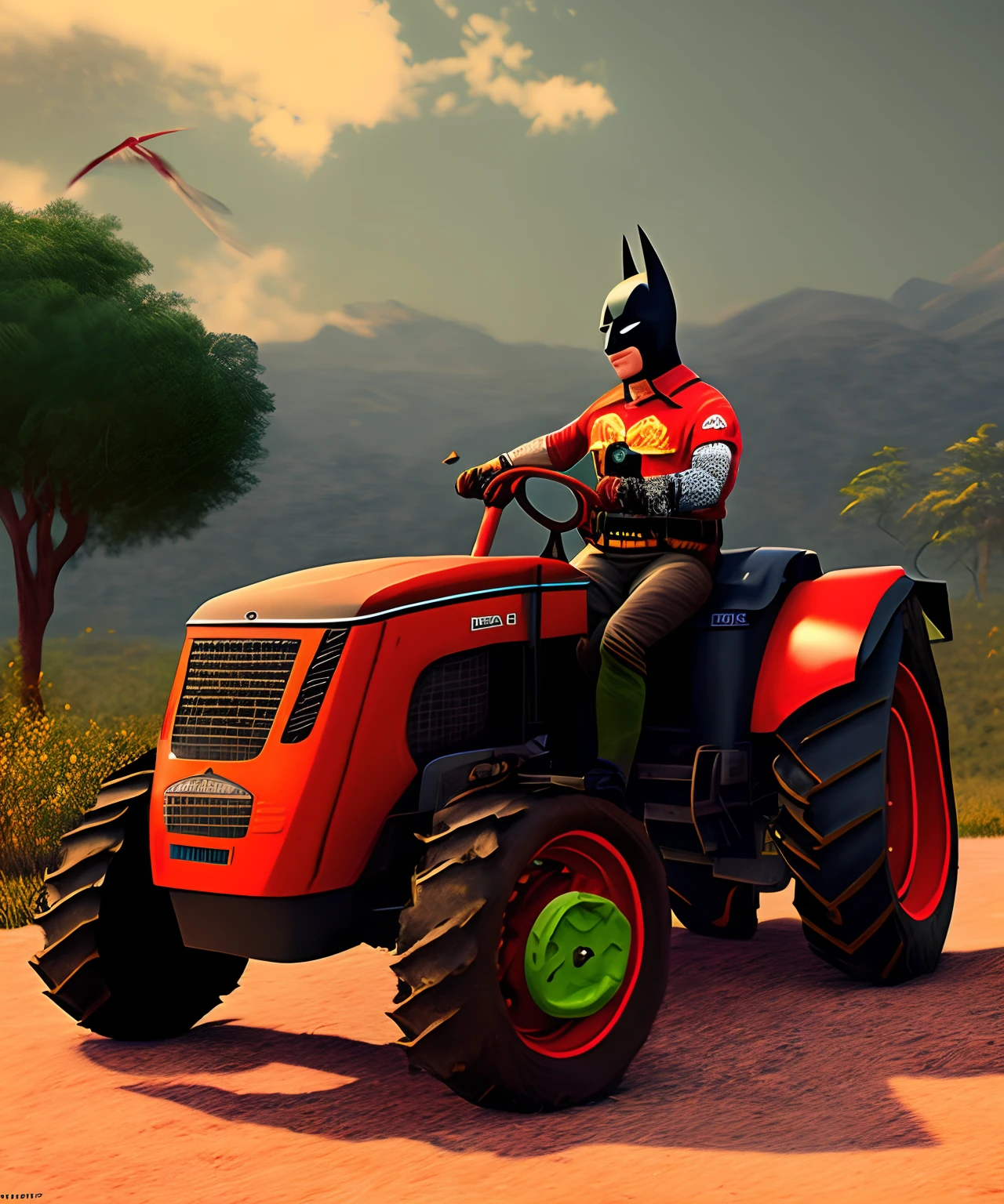 creates an image of an indigenous Lenca Batman from Honduras, on a tractor with a bat-mobile design, 8k, foto realista, en un pueblo colonial, de noche